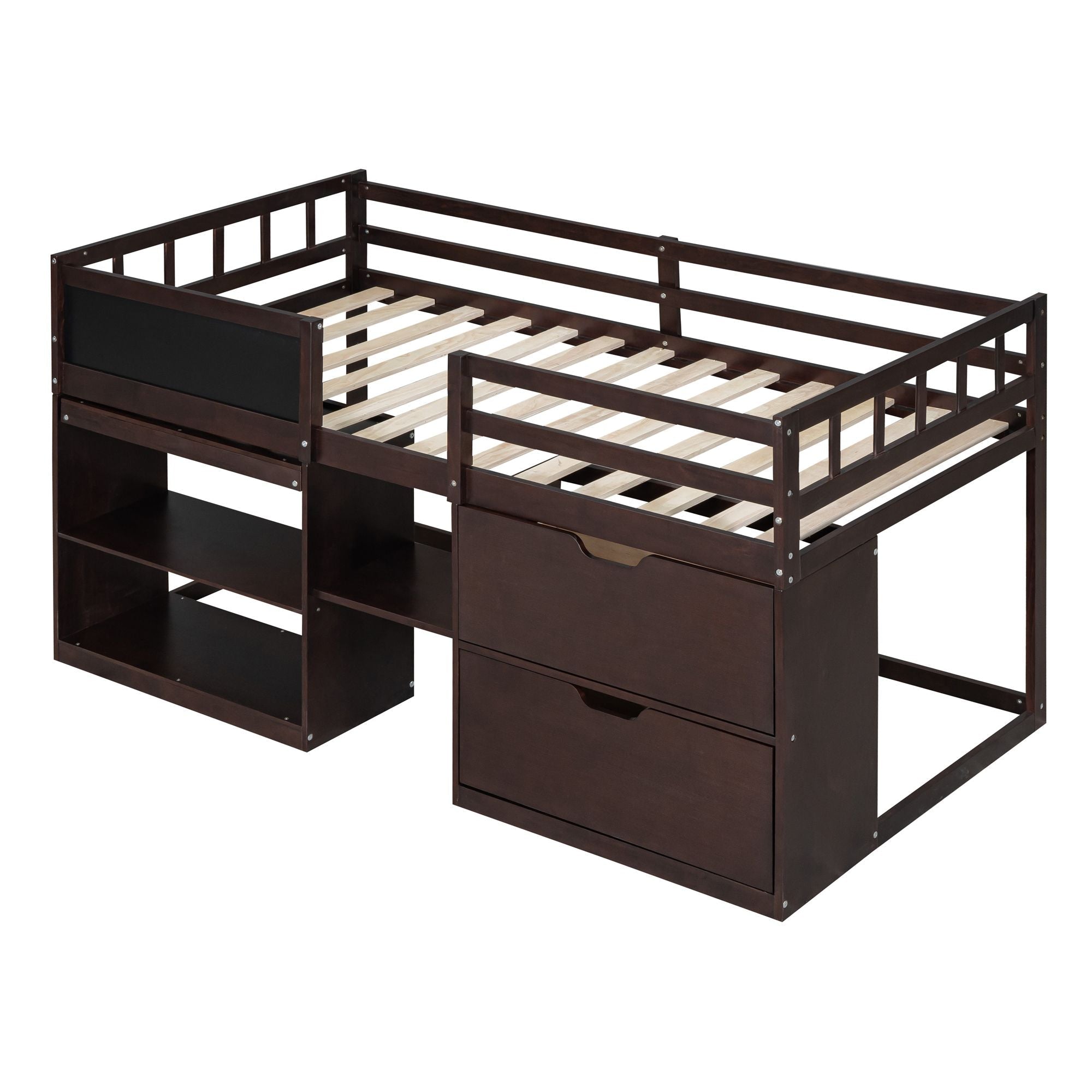 Twin Low Loft Wood Bed with Rolling Desk, Shelves, and Drawers in White, Gray, or Espresso | Just Better Bunk Beds