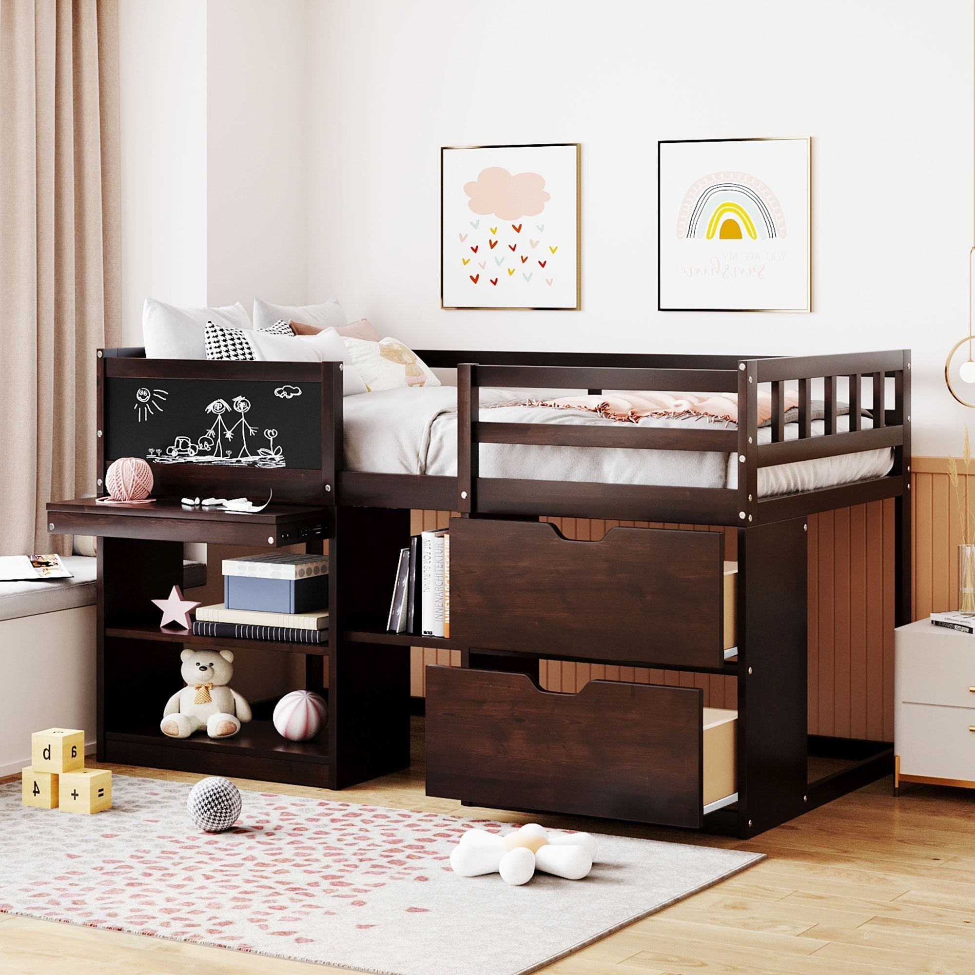 Twin Low Loft Wood Bed with Rolling Desk, Shelves, and Drawers in White, Gray, or Espresso | Just Better Bunk Beds