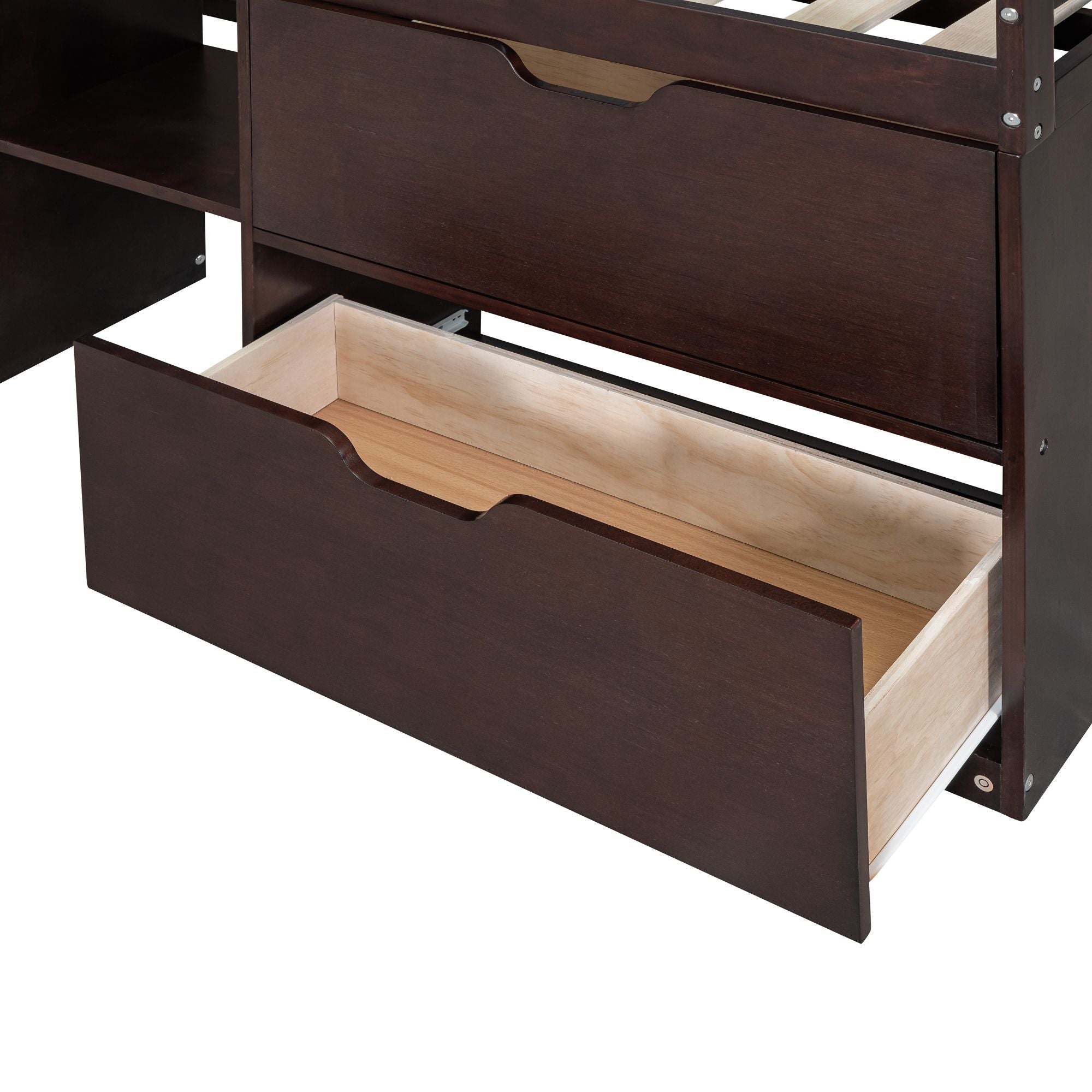 Twin Low Loft Wood Bed with Rolling Desk, Shelves, and Drawers in White, Gray, or Espresso | Just Better Bunk Beds