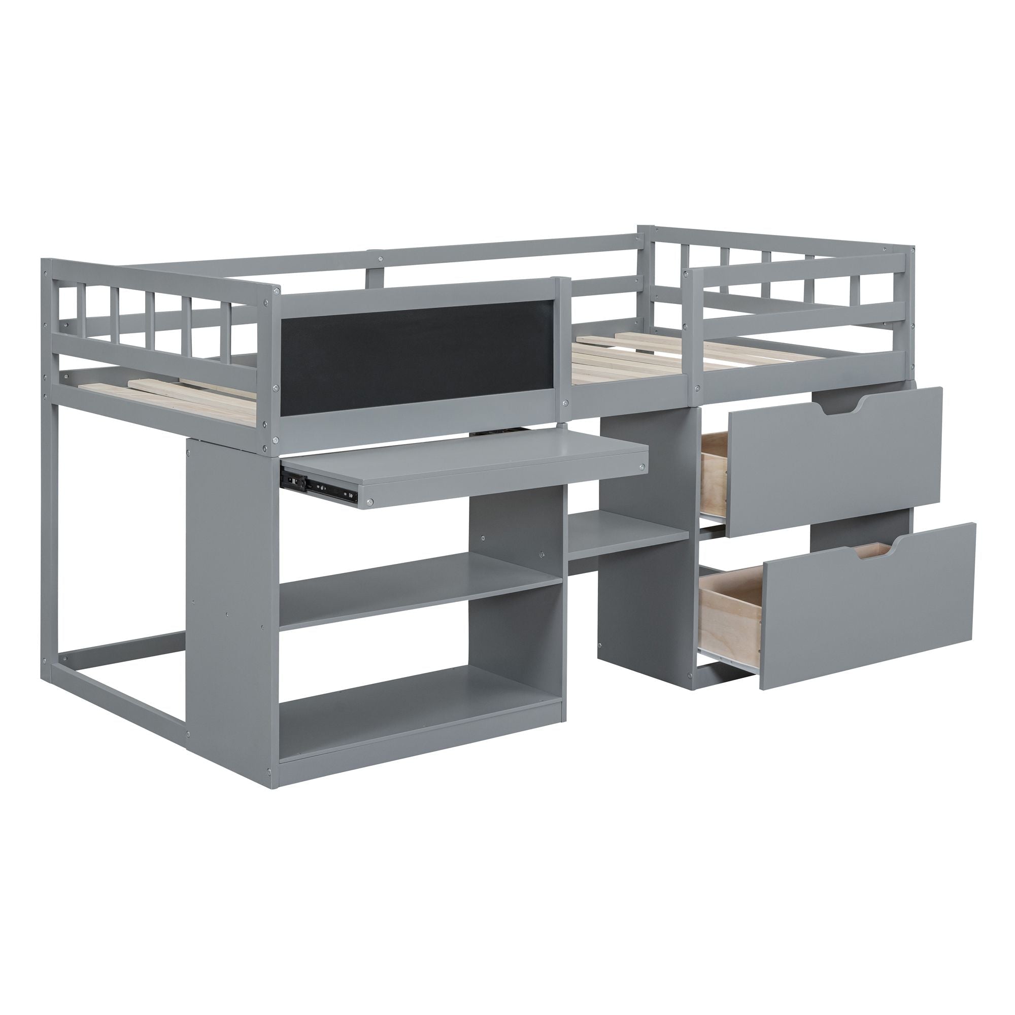 Twin Low Loft Wood Bed with Rolling Desk, Shelves, and Drawers in White, Gray, or Espresso | Just Better Bunk Beds