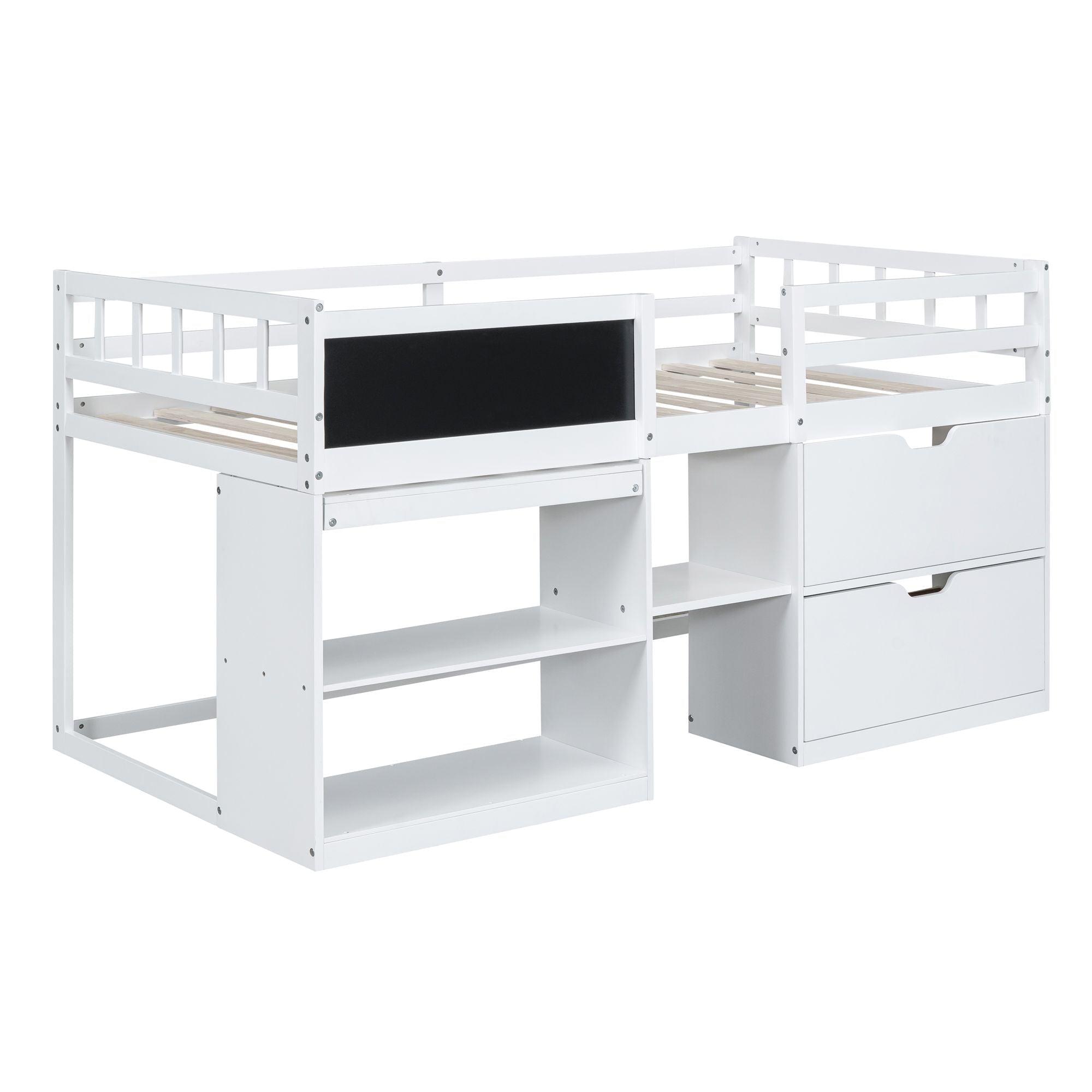Twin Low Loft Wood Bed with Rolling Desk, Shelves, and Drawers in White, Gray, or Espresso | Just Better Bunk Beds