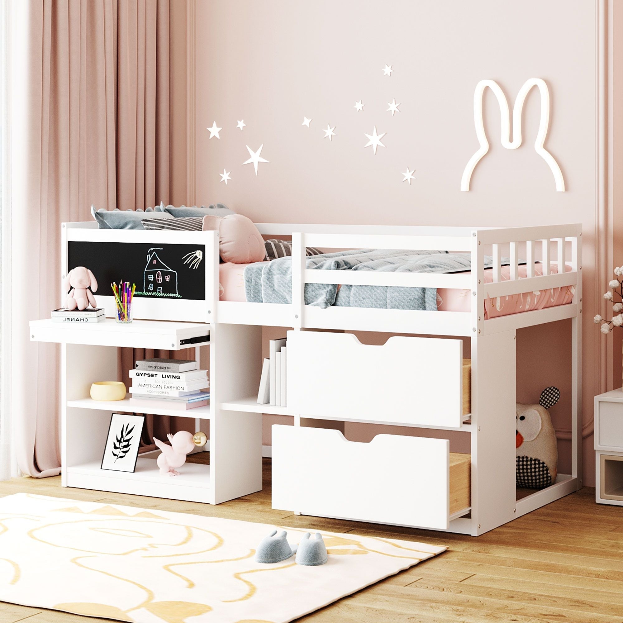 Twin Low Loft Wood Bed with Rolling Desk, Shelves, and Drawers in White, Gray, or Espresso | Just Better Bunk Beds