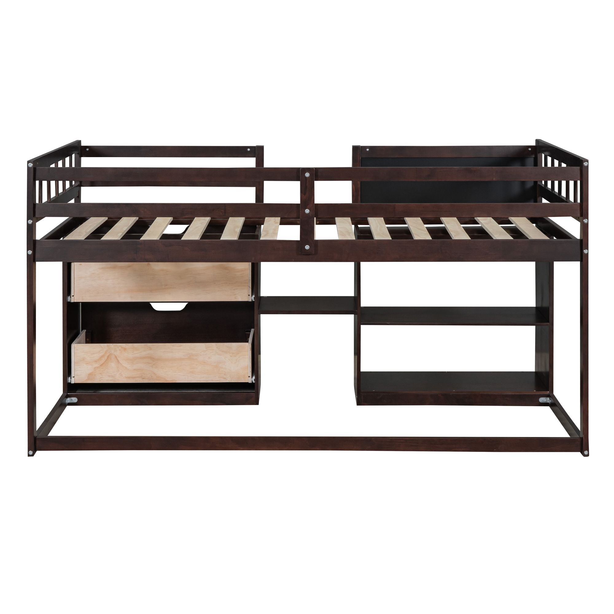 Twin Low Loft Wood Bed with Rolling Desk, Shelves, and Drawers in White, Gray, or Espresso | Just Better Bunk Beds