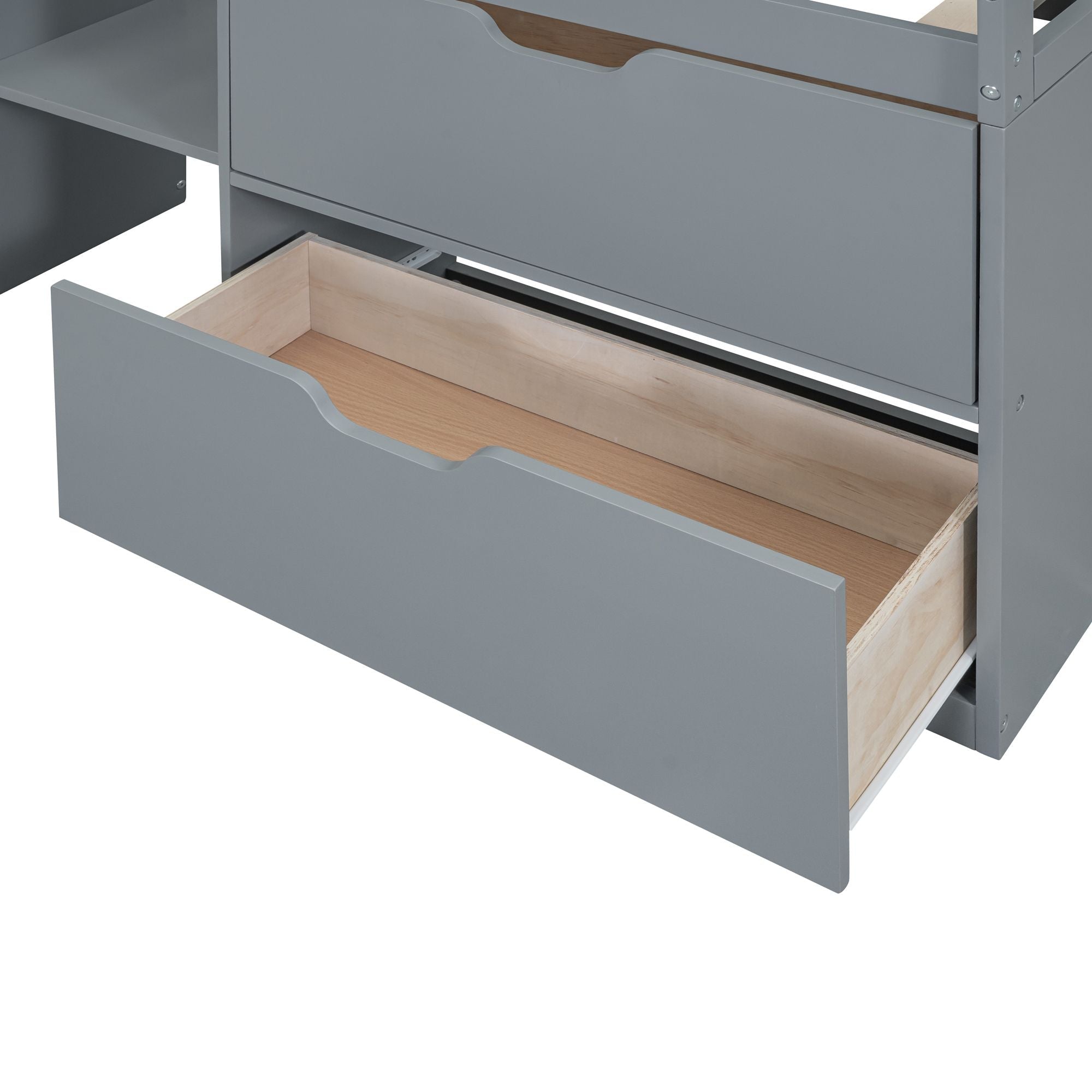 Twin Low Loft Wood Bed with Rolling Desk, Shelves, and Drawers in White, Gray, or Espresso | Just Better Bunk Beds