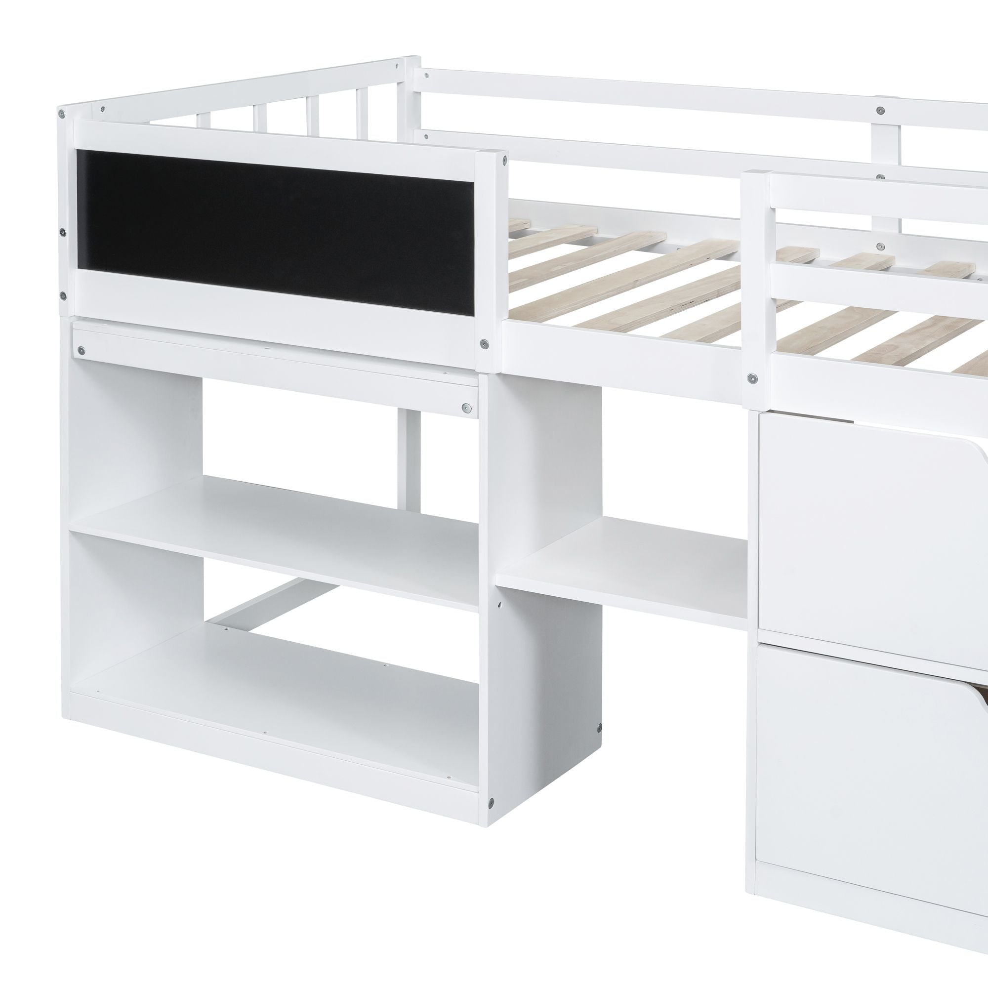 Twin Low Loft Wood Bed with Rolling Desk, Shelves, and Drawers in White, Gray, or Espresso | Just Better Bunk Beds