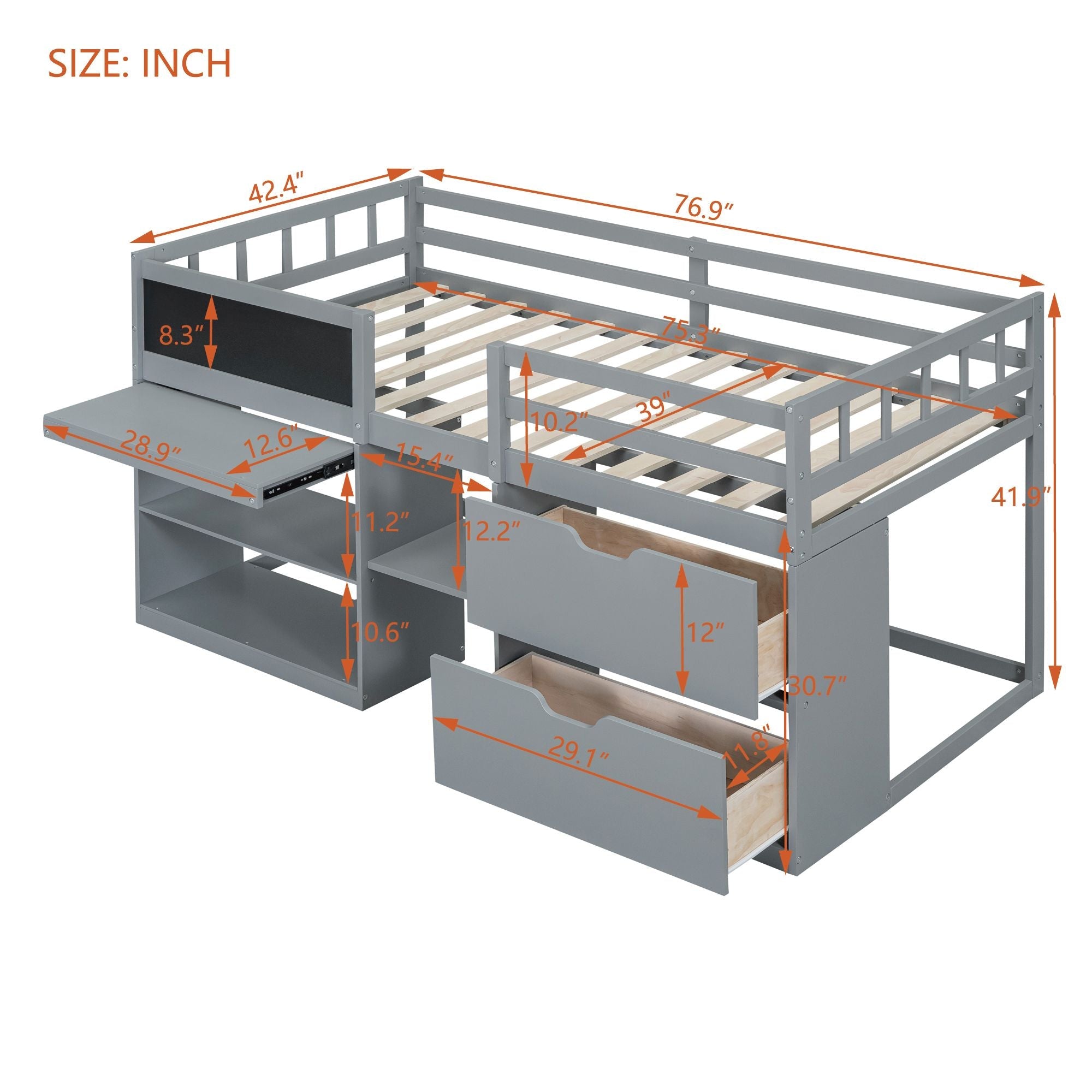 Twin Low Loft Wood Bed with Rolling Desk, Shelves, and Drawers in White, Gray, or Espresso | Just Better Bunk Beds