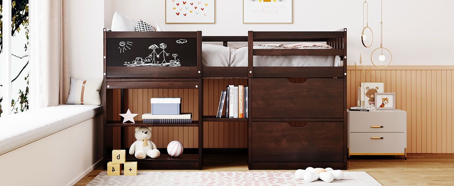 Twin Low Loft Wood Bed with Rolling Desk, Shelves, and Drawers in White, Gray, or Espresso | Just Better Bunk Beds