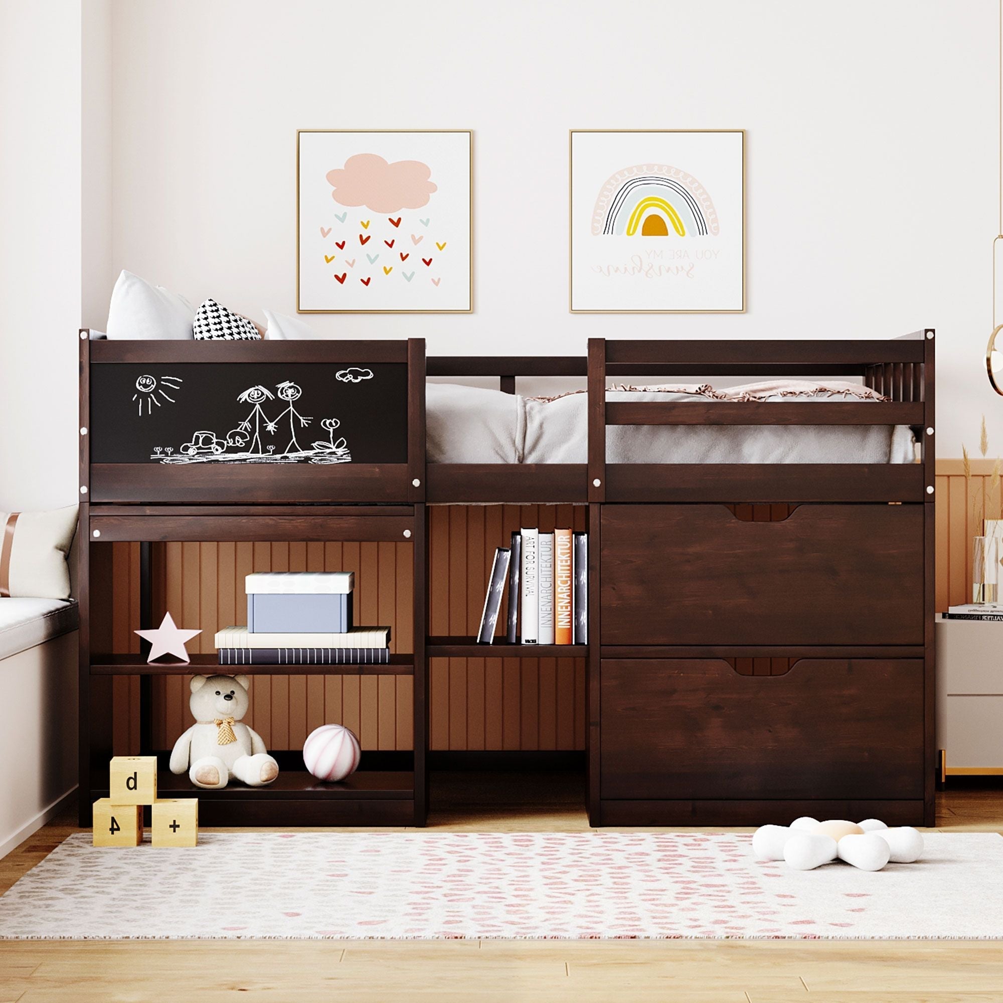 Twin Low Loft Wood Bed with Rolling Desk, Shelves, and Drawers in White, Gray, or Espresso | Just Better Bunk Beds