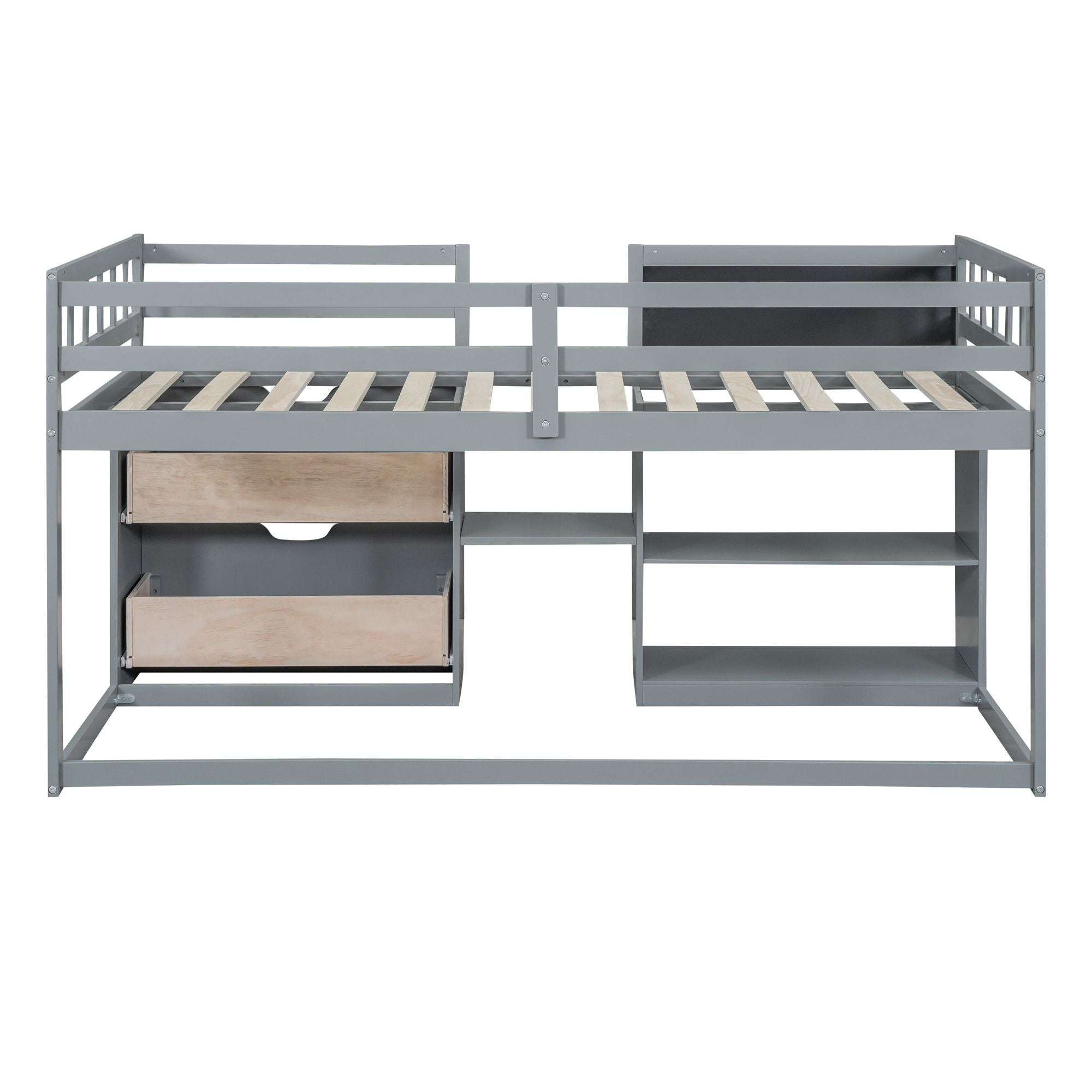 Twin Low Loft Wood Bed with Rolling Desk, Shelves, and Drawers in White, Gray, or Espresso | Just Better Bunk Beds