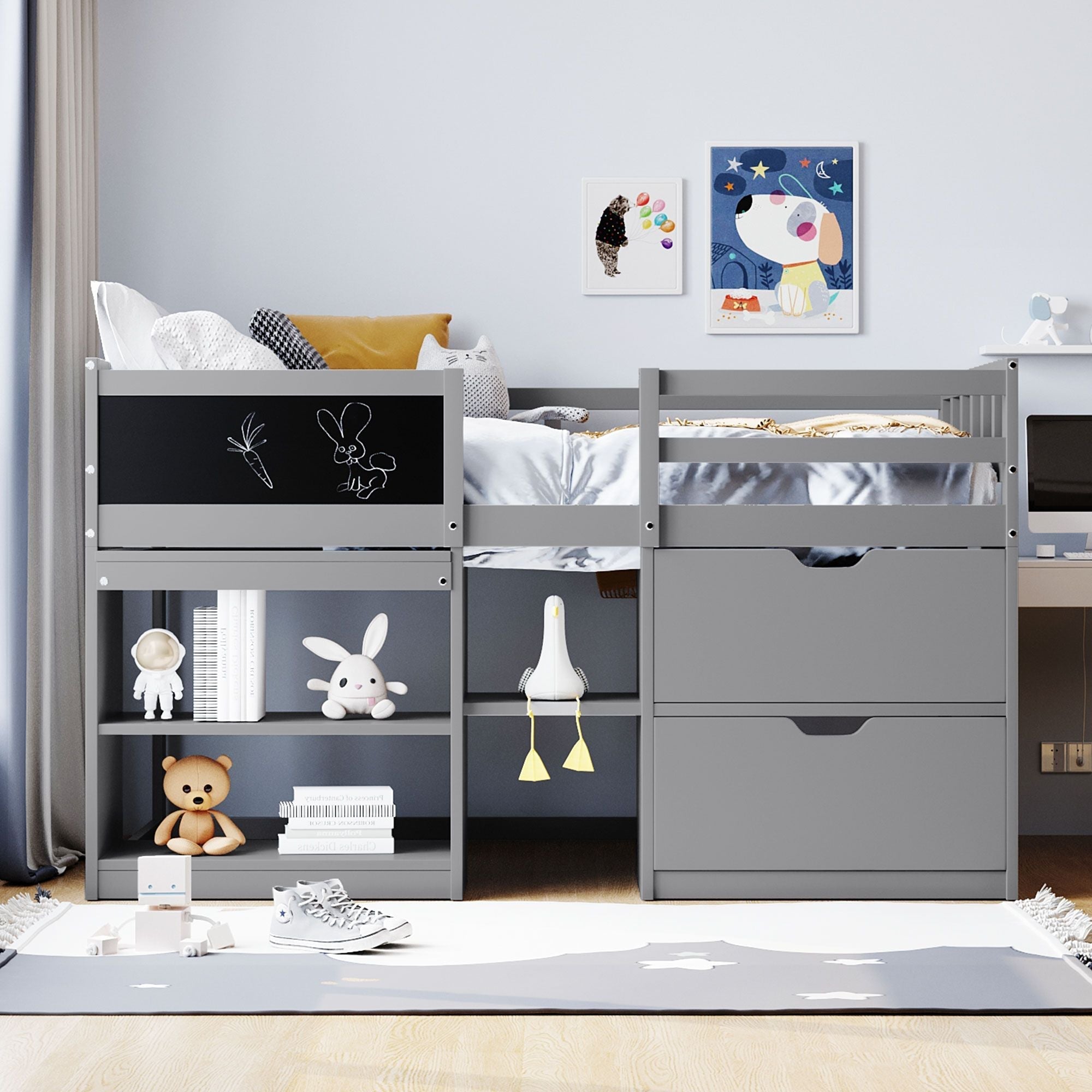 Twin Low Loft Wood Bed with Rolling Desk, Shelves, and Drawers in White, Gray, or Espresso | Just Better Bunk Beds
