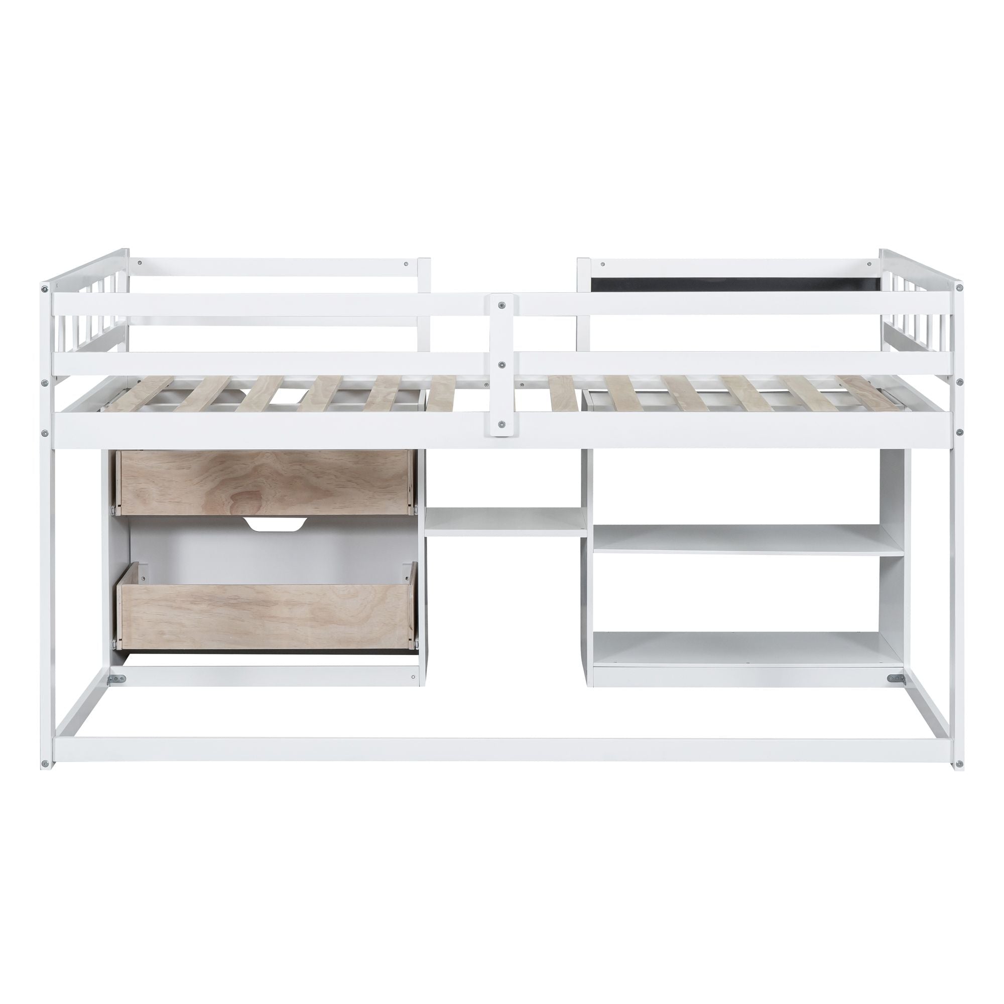 Twin Low Loft Wood Bed with Rolling Desk, Shelves, and Drawers in White, Gray, or Espresso | Just Better Bunk Beds