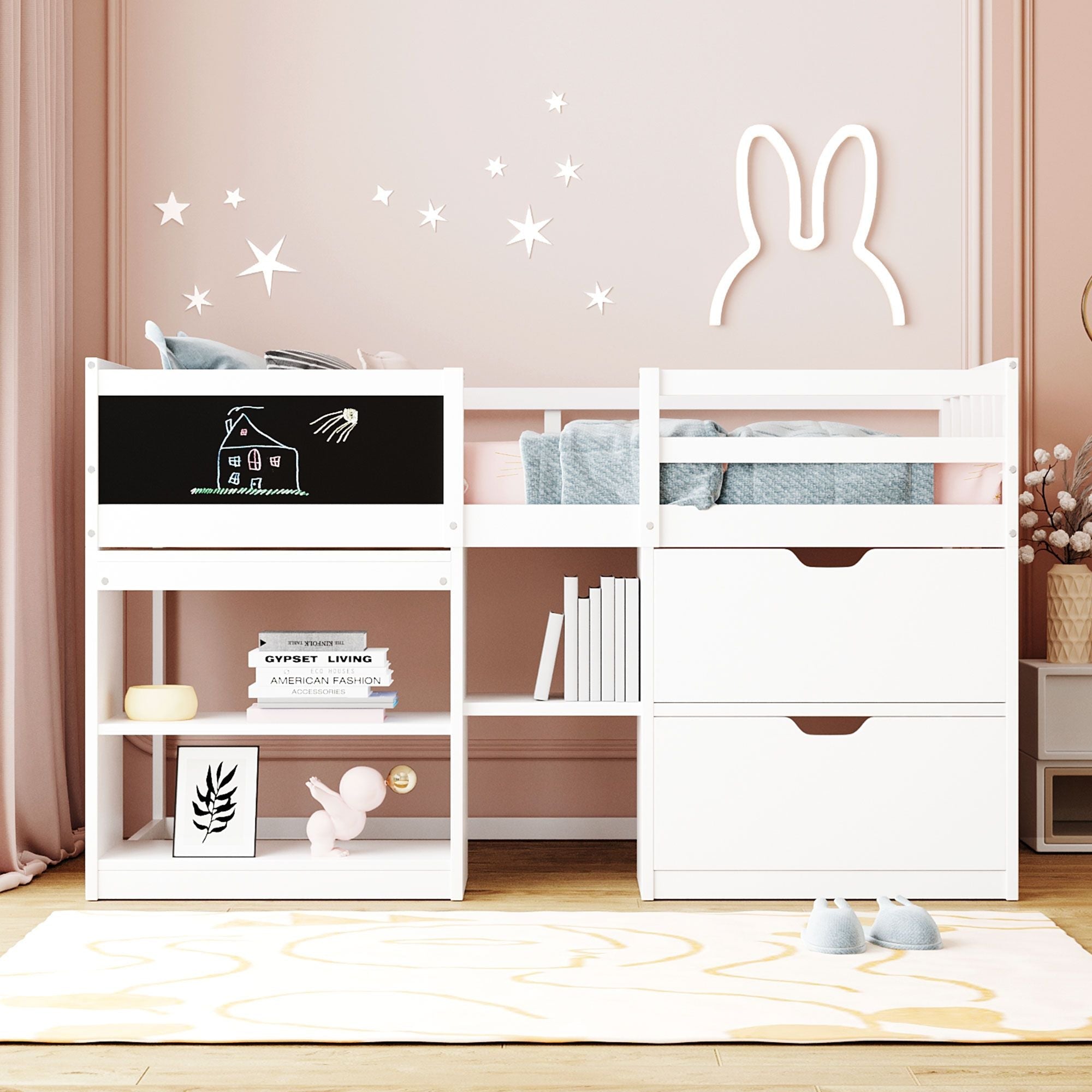 Twin Low Loft Wood Bed with Rolling Desk, Shelves, and Drawers in White, Gray, or Espresso | Just Better Bunk Beds