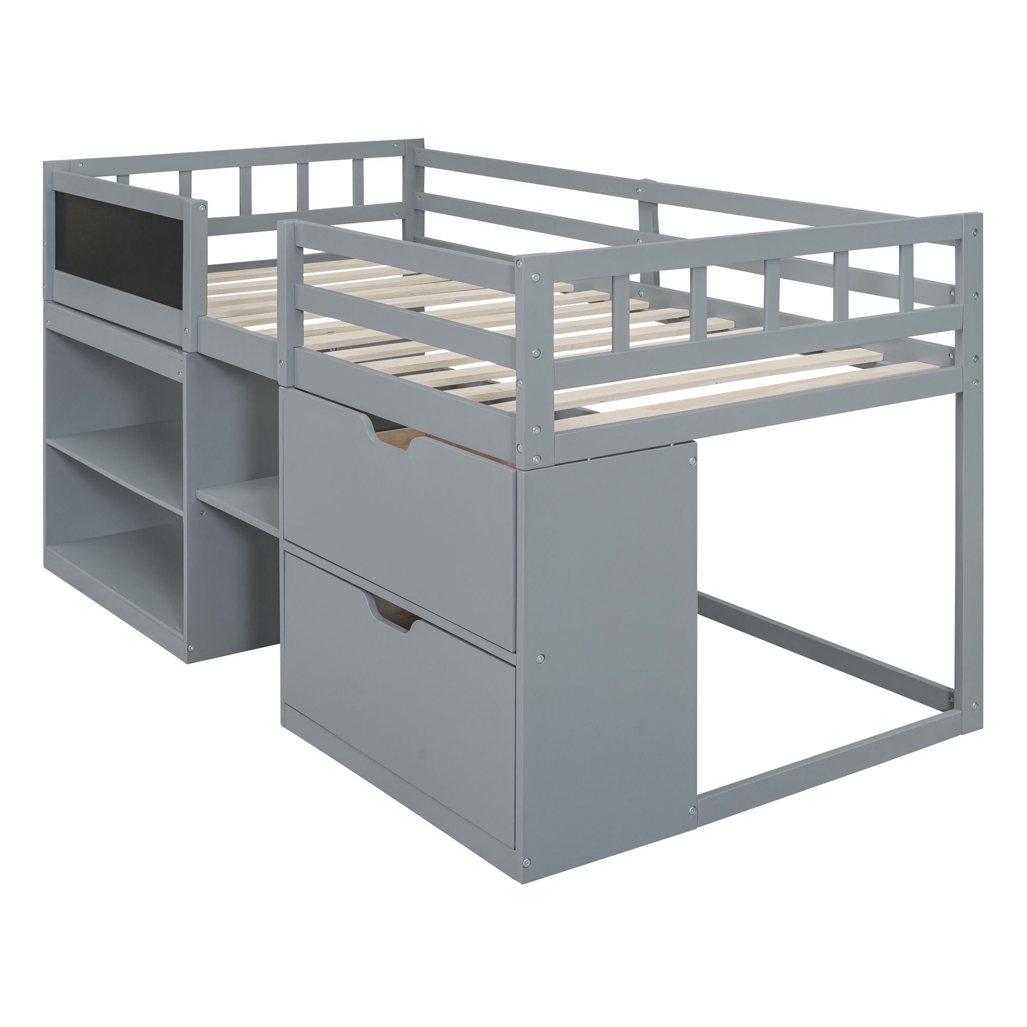 Twin Low Loft Wood Bed with Rolling Desk, Shelves, and Drawers in White, Gray, or Espresso | Just Better Bunk Beds