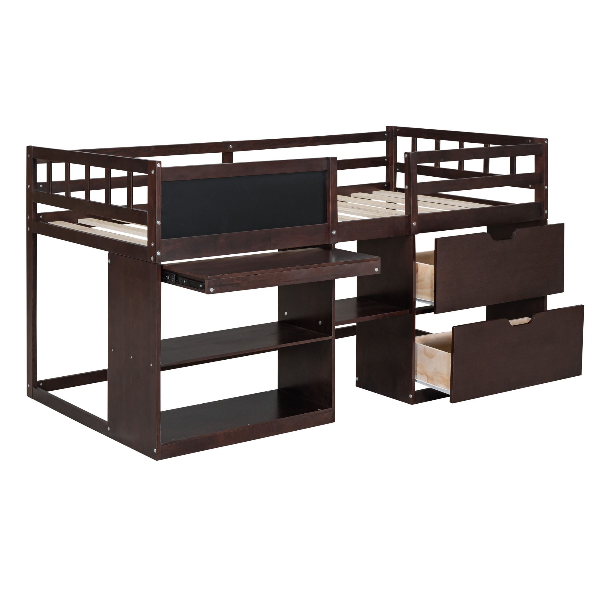 Twin Low Loft Wood Bed with Rolling Desk, Shelves, and Drawers in White, Gray, or Espresso | Just Better Bunk Beds