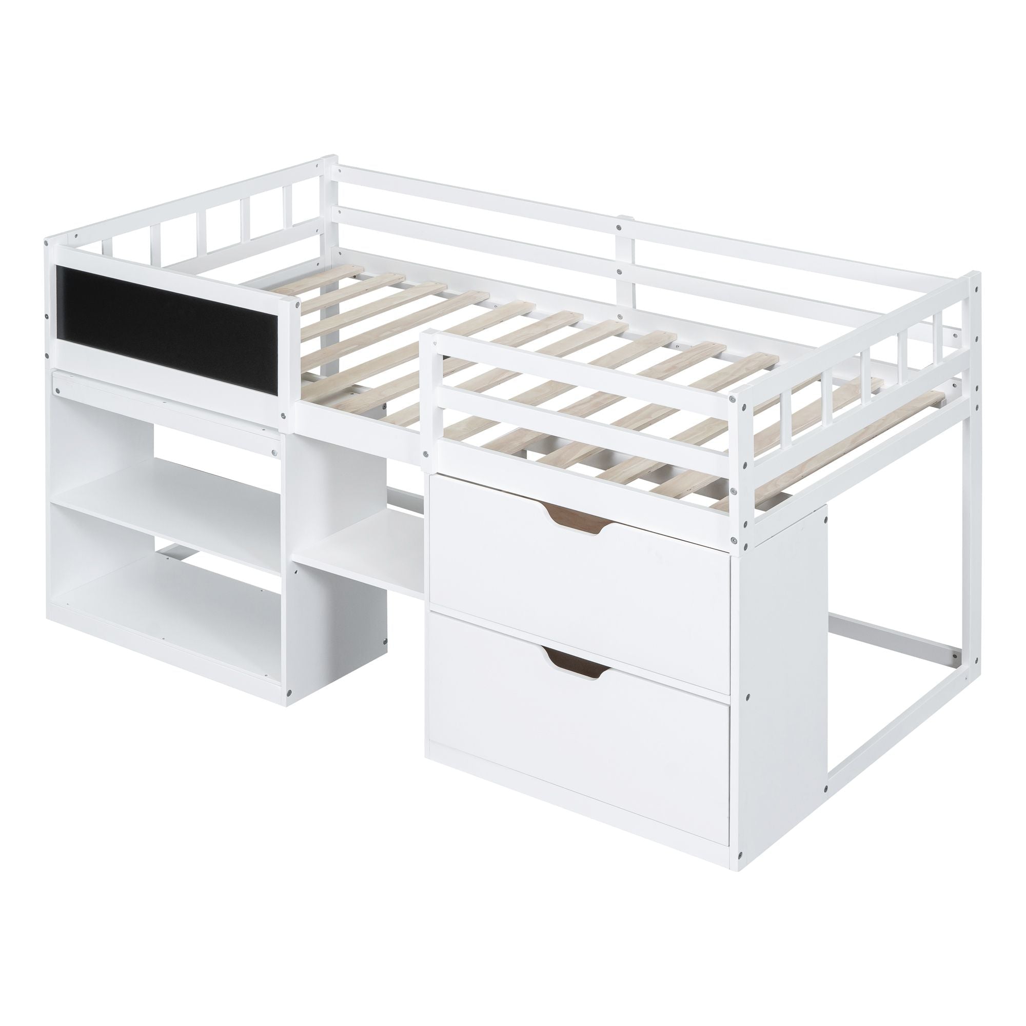 Twin Low Loft Wood Bed with Rolling Desk, Shelves, and Drawers in White, Gray, or Espresso | Just Better Bunk Beds