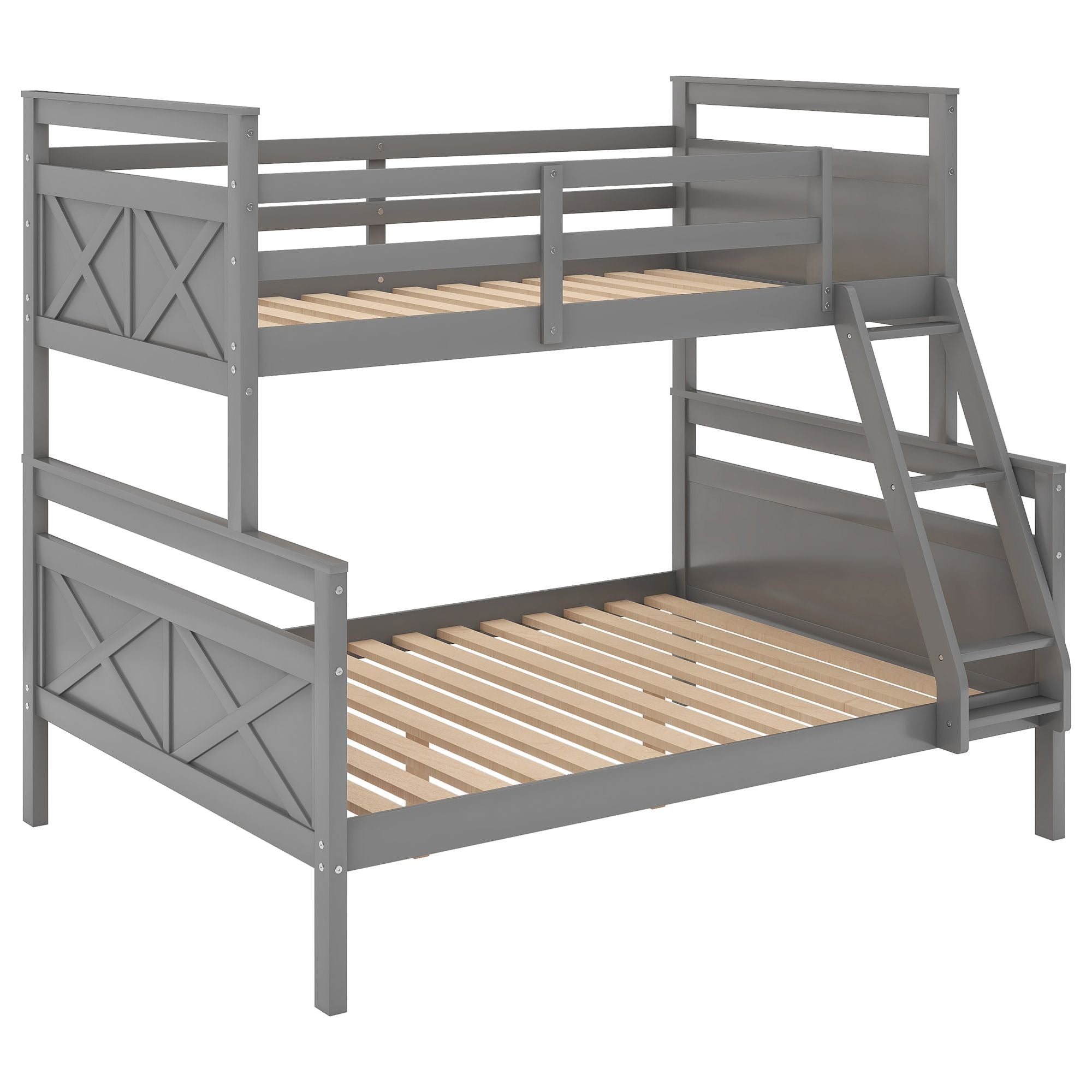 Twin over Full Wood Bunk Bed with Safety Guardrails and Ladder, Gray Finish | Just Better Bunk Beds