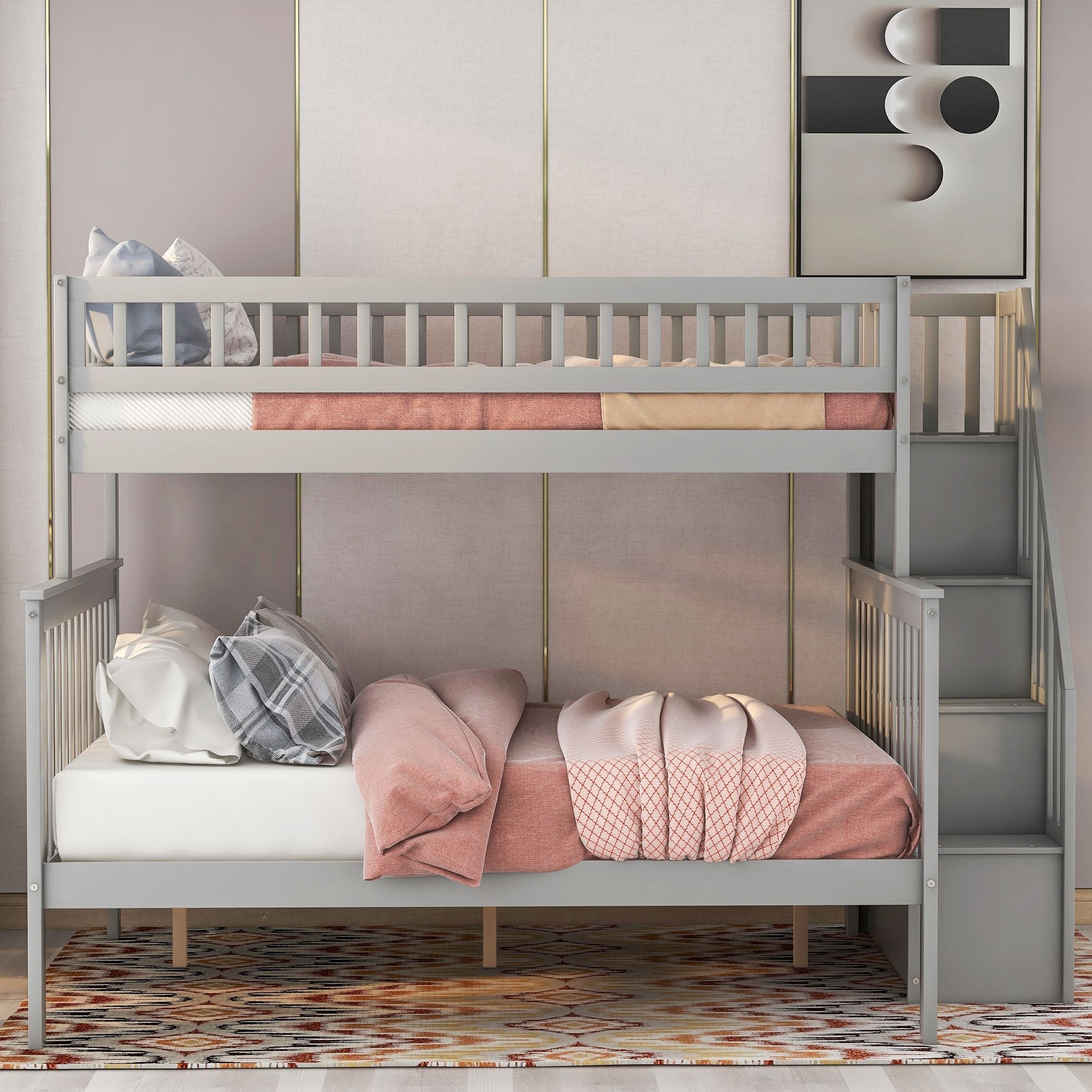 Twin over Full Wood Bunk Bed with Staircase Storage Drawers, White or Gray | Just Better Bunk Beds