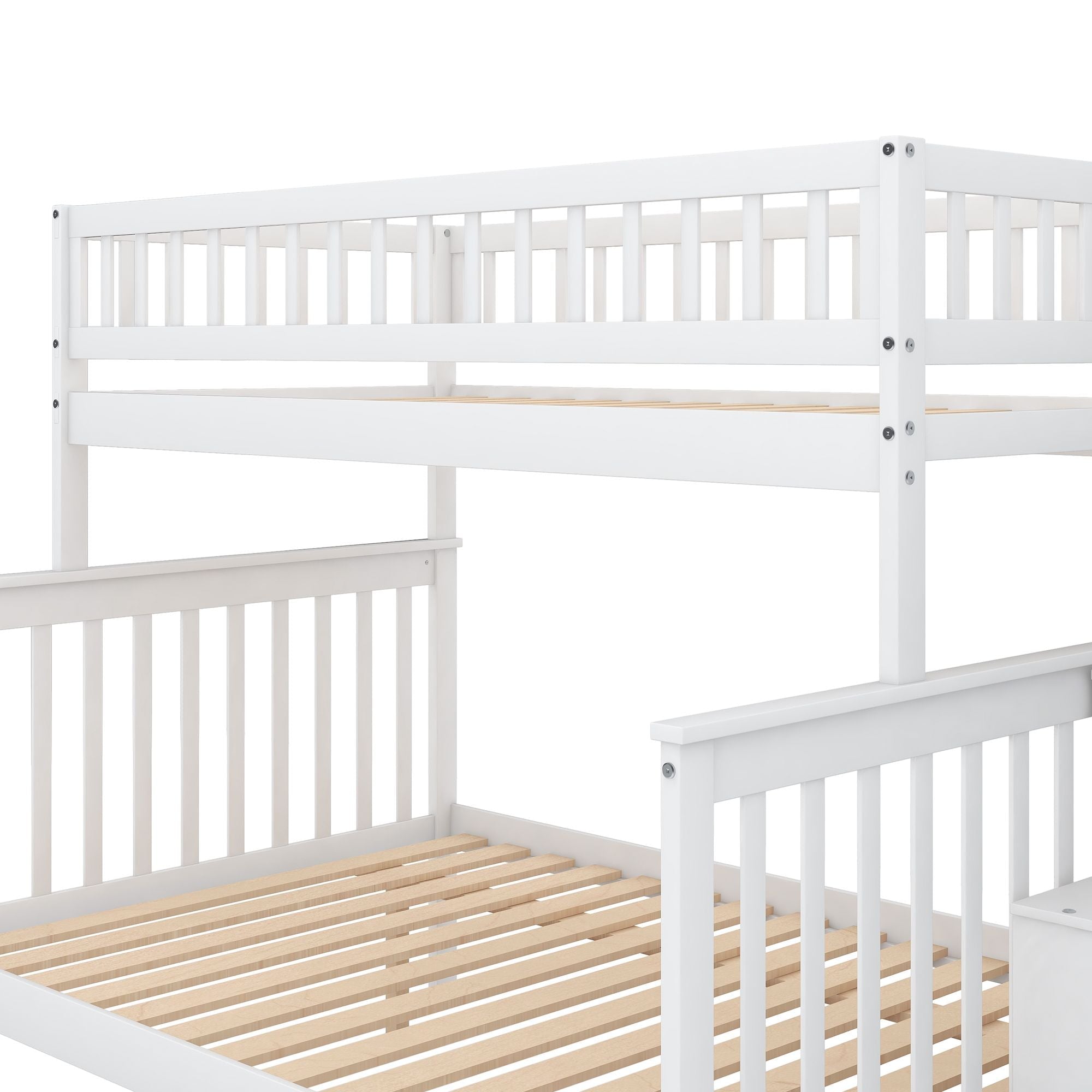 Twin over Full Wood Bunk Bed with Staircase Storage Drawers, White or Gray | Just Better Bunk Beds