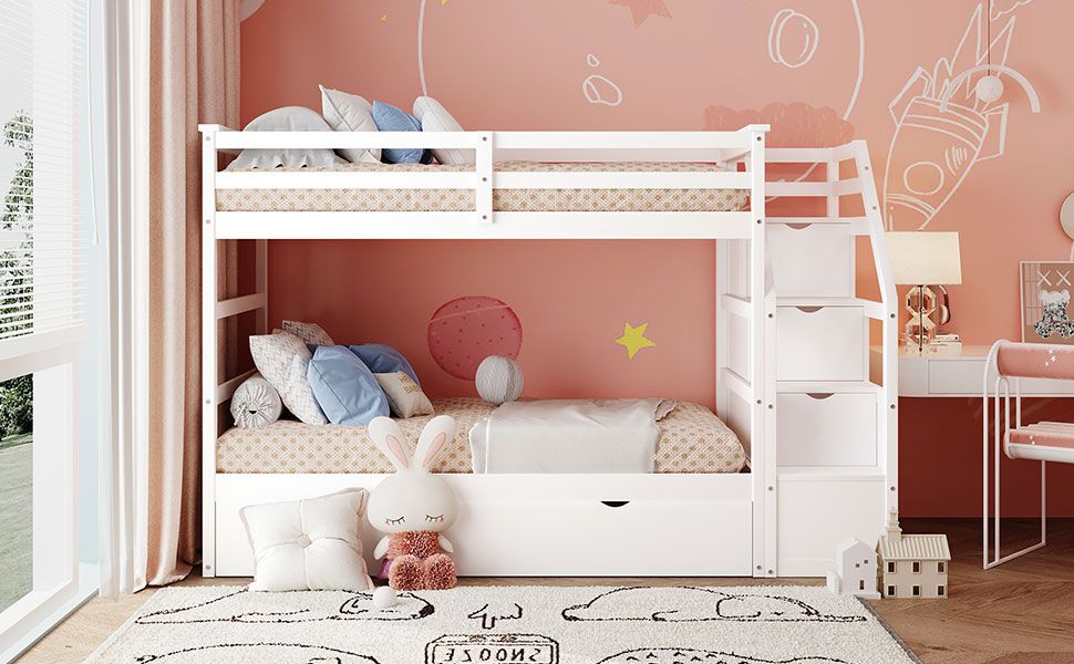 Twin-Over-Twin Bunk Bed with Trundle and 3 Storage Stairs Wood Frame in White | Just Better Bunk Beds