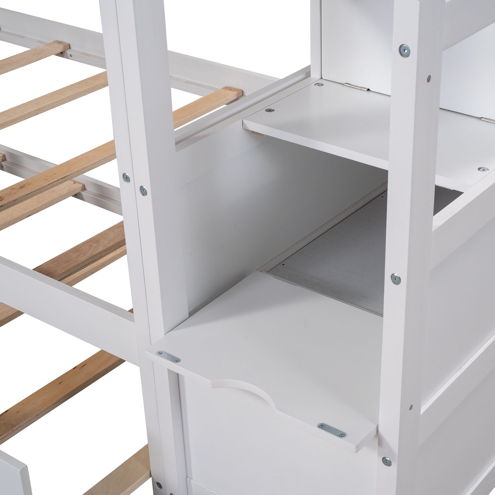 Twin-Over-Twin Bunk Bed with Trundle and 3 Storage Stairs Wood Frame in White | Just Better Bunk Beds