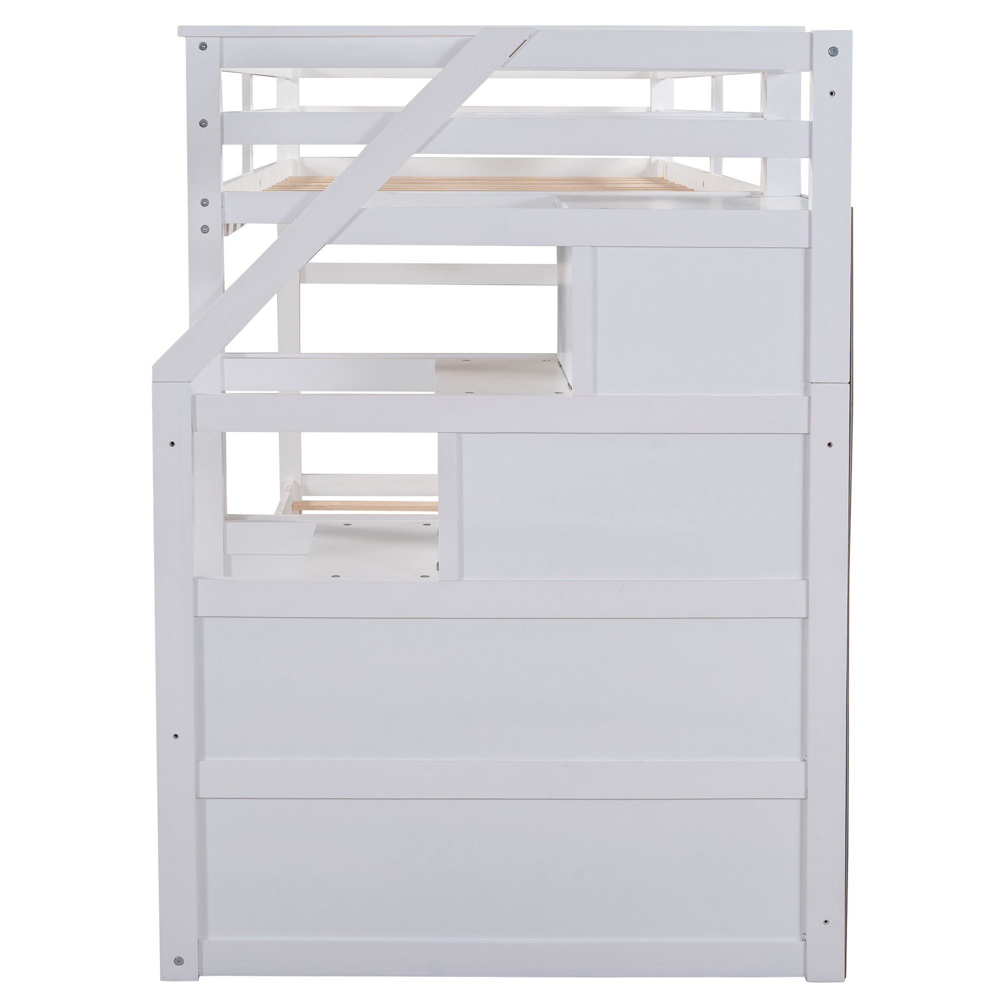Twin-Over-Twin Bunk Bed with Trundle and 3 Storage Stairs Wood Frame in White | Just Better Bunk Beds