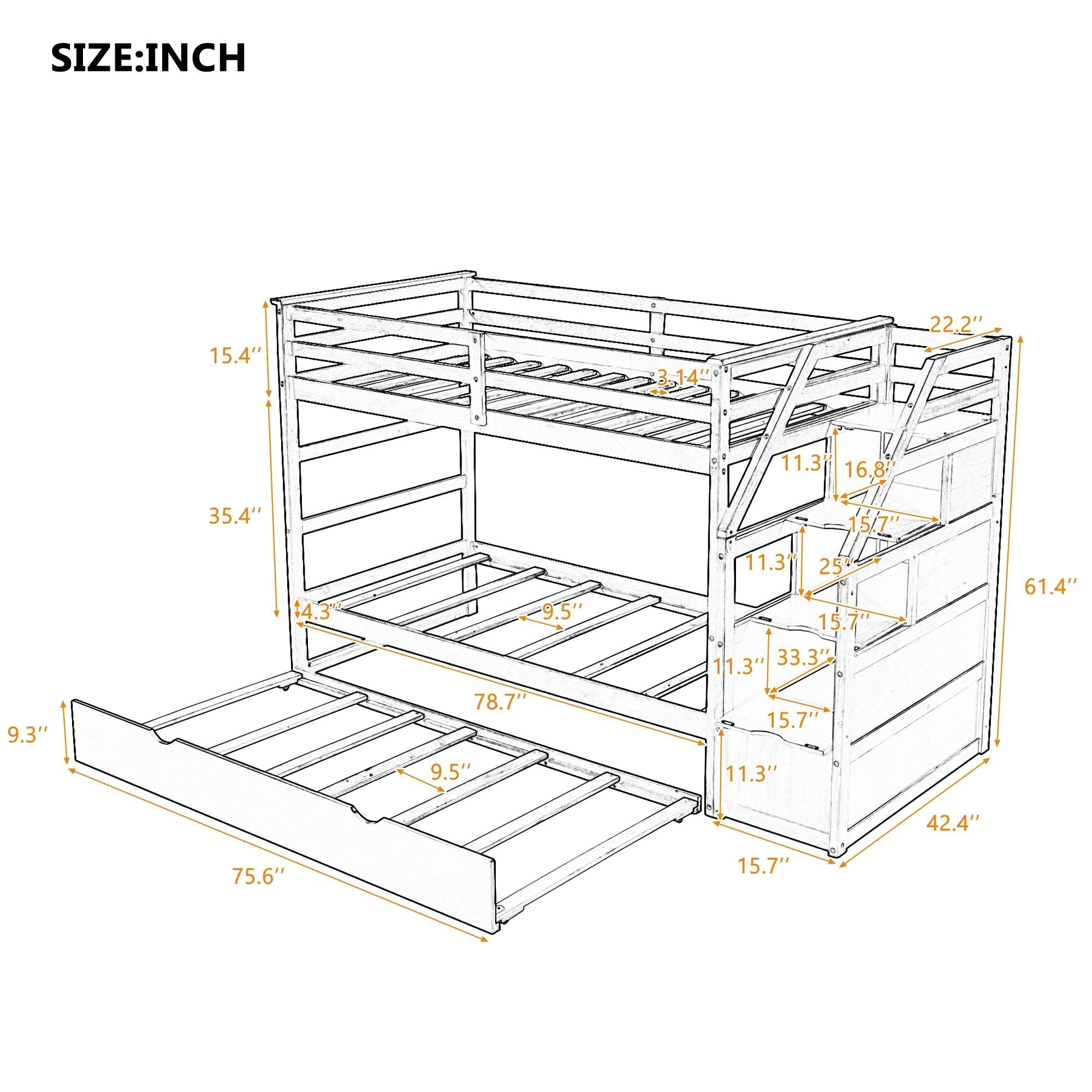 Twin-Over-Twin Bunk Bed with Trundle and 3 Storage Stairs Wood Frame in White | Just Better Bunk Beds