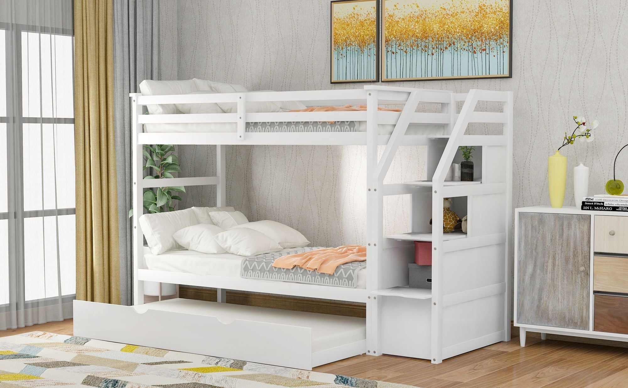 Twin-Over-Twin Bunk Bed with Trundle and 3 Storage Stairs Wood Frame in White | Just Better Bunk Beds