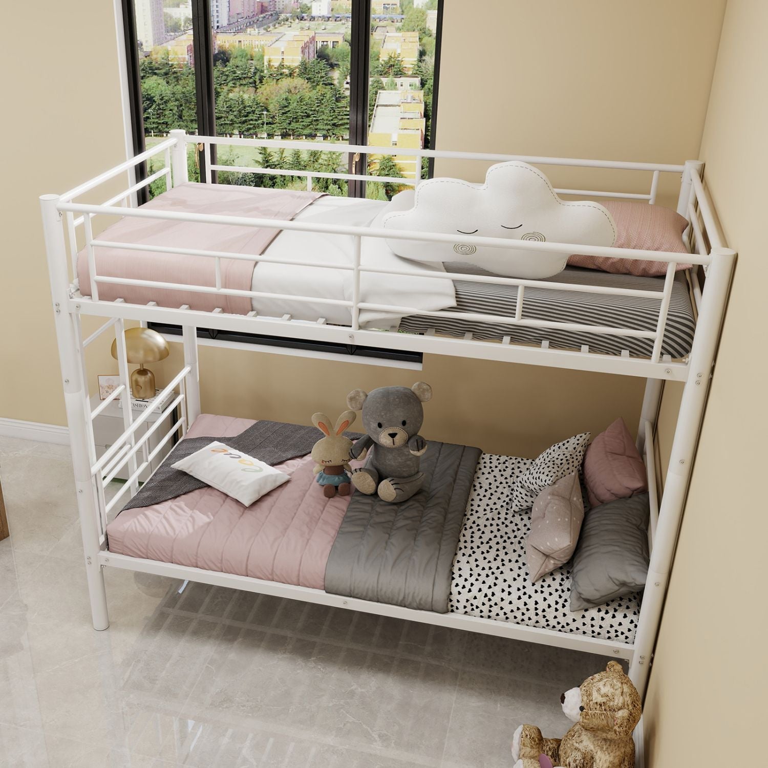 Twin Over Twin Metal Bunk Bed with Convertible Design, Ladder, Guardrails | Just Better Bunk Beds