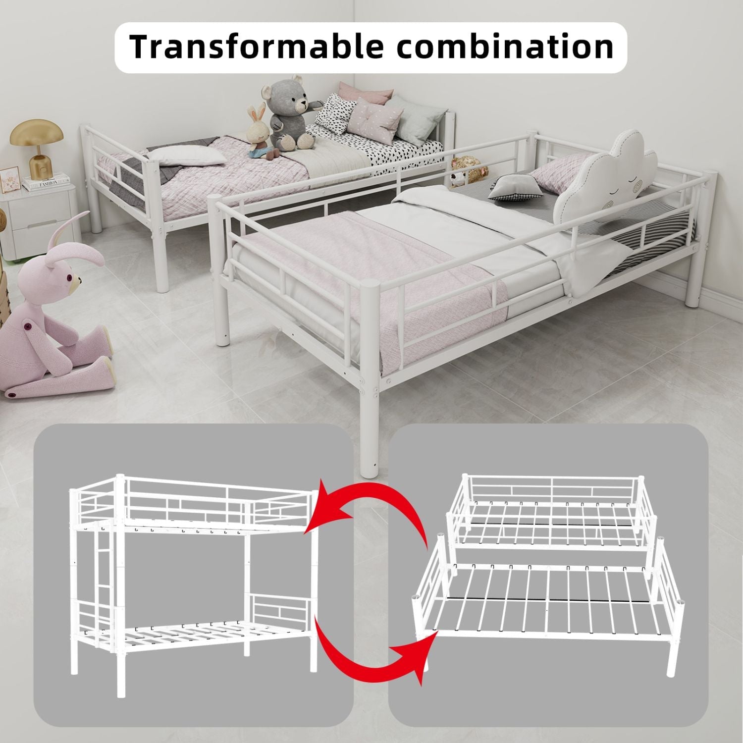 Twin Over Twin Metal Bunk Bed with Convertible Design, Ladder, Guardrails | Just Better Bunk Beds