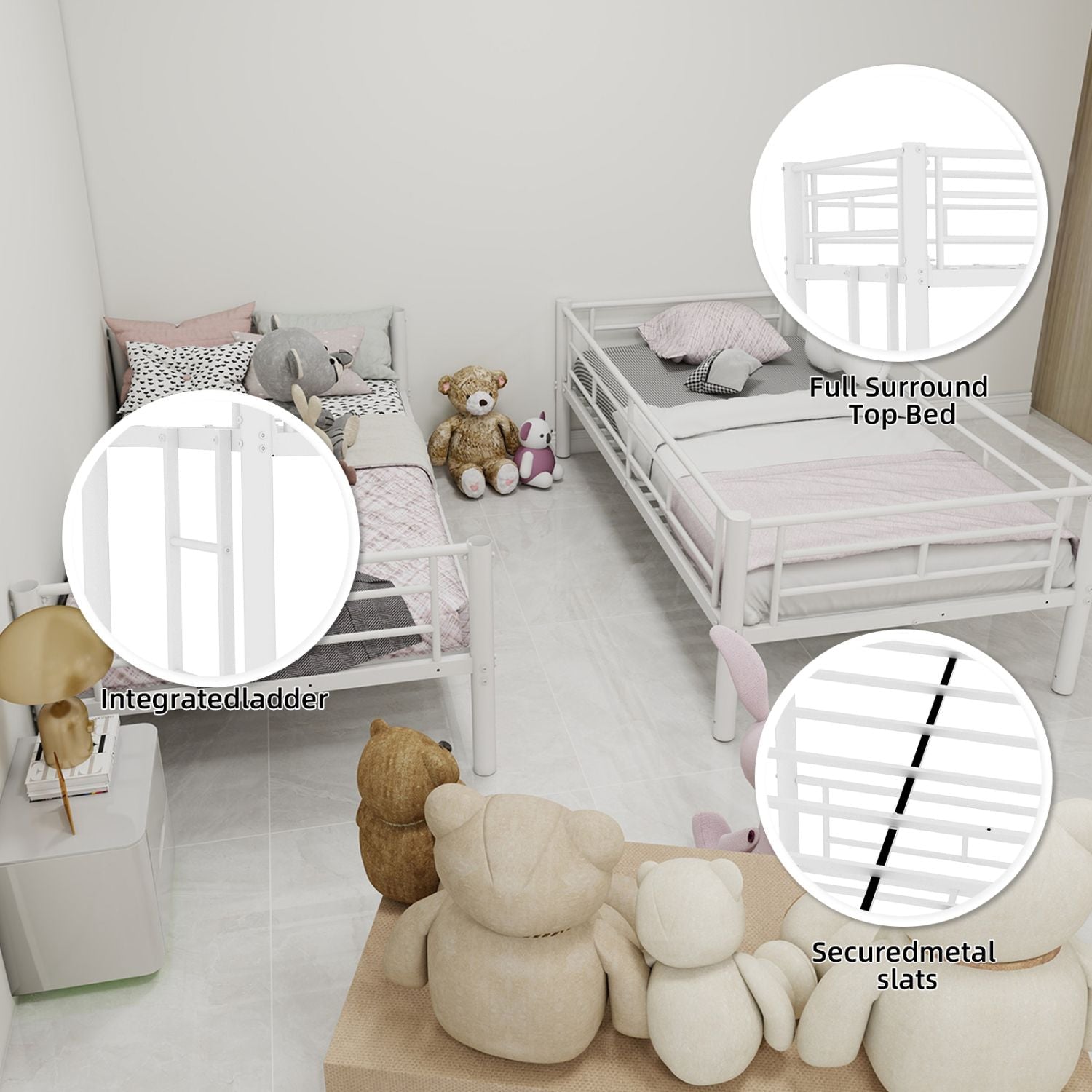 Twin Over Twin Metal Bunk Bed with Convertible Design, Ladder, Guardrails | Just Better Bunk Beds