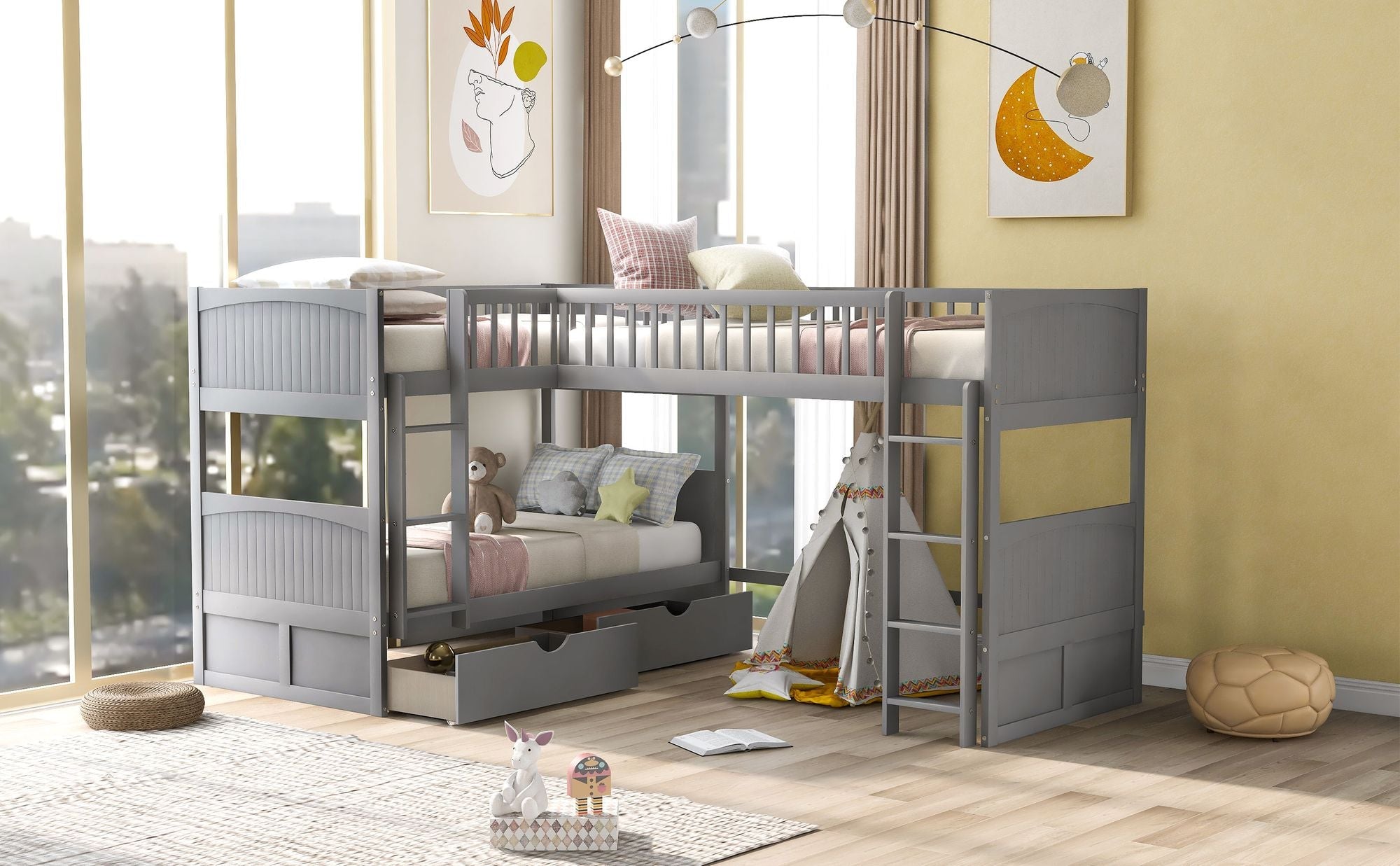 Twin Over Twin Wood Bunk Bed with Loft and Two Drawers, Gray Pine Wood | Just Better Bunk Beds