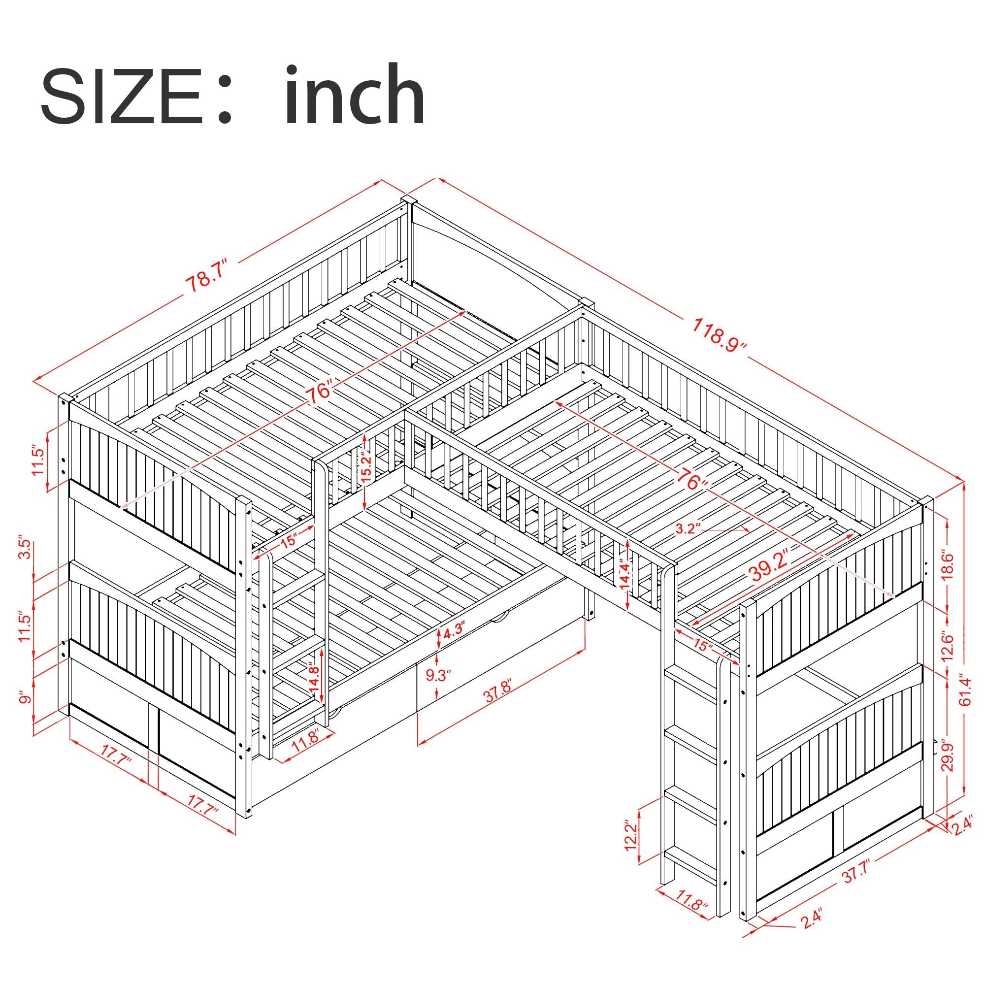 Twin Over Twin Wood Bunk Bed with Loft and Two Drawers, Gray Pine Wood | Just Better Bunk Beds