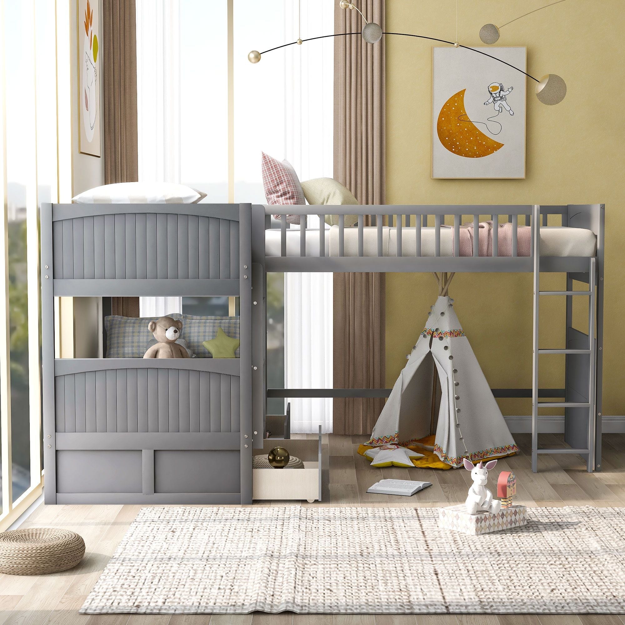 Twin Over Twin Wood Bunk Bed with Loft and Two Drawers, Gray Pine Wood | Just Better Bunk Beds