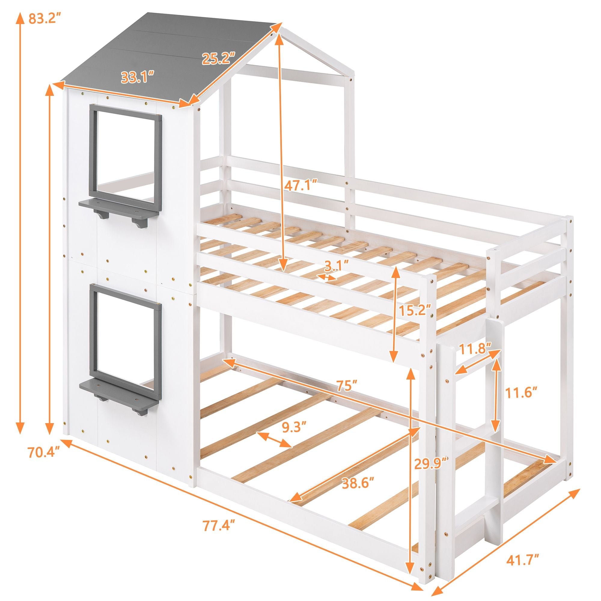 Twin Over Twin Wood Bunk Bed with Roof Playhouse, Window, Guardrails, Ladder in Grey+White | Just Better Bunk Beds