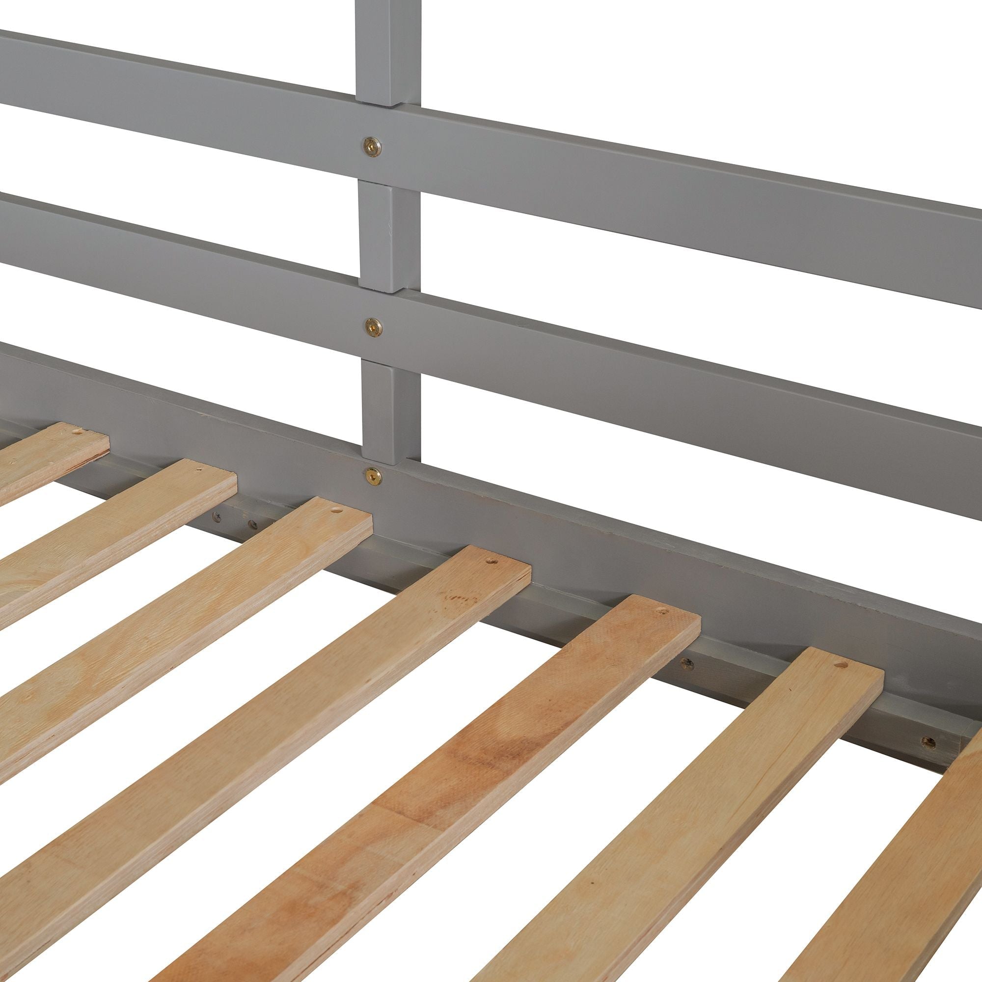 Twin Over Twin Wood Bunk Bed with Roof Playhouse, Window, Guardrails, Ladder in Grey+White | Just Better Bunk Beds