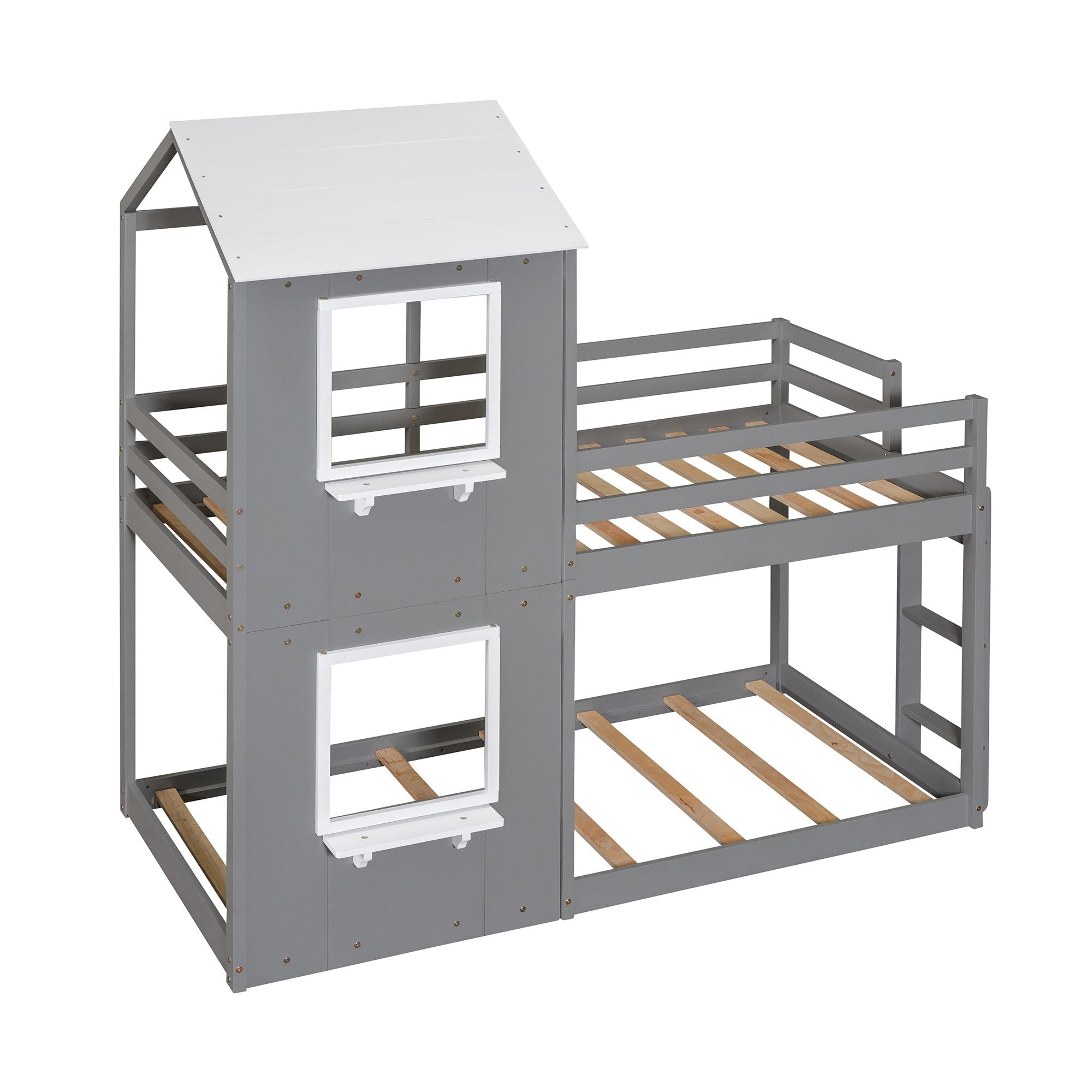 Twin Over Twin Wood Bunk Bed with Roof Playhouse, Window, Guardrails, Ladder in Grey+White | Just Better Bunk Beds