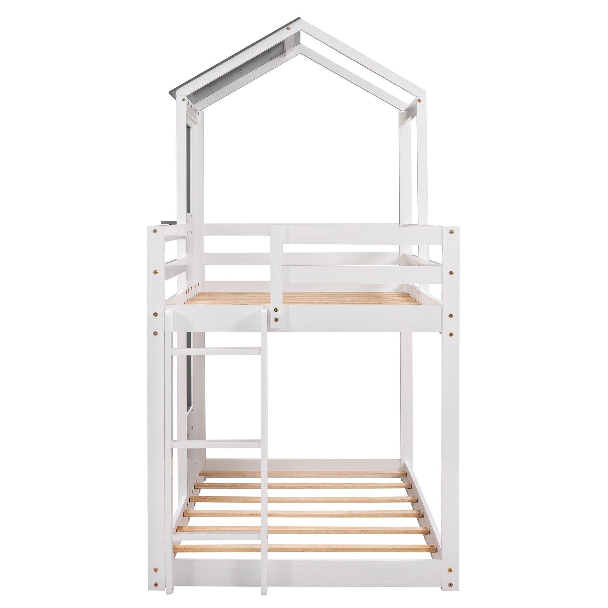 Twin Over Twin Wood Bunk Bed with Roof Playhouse, Window, Guardrails, Ladder in Grey+White | Just Better Bunk Beds