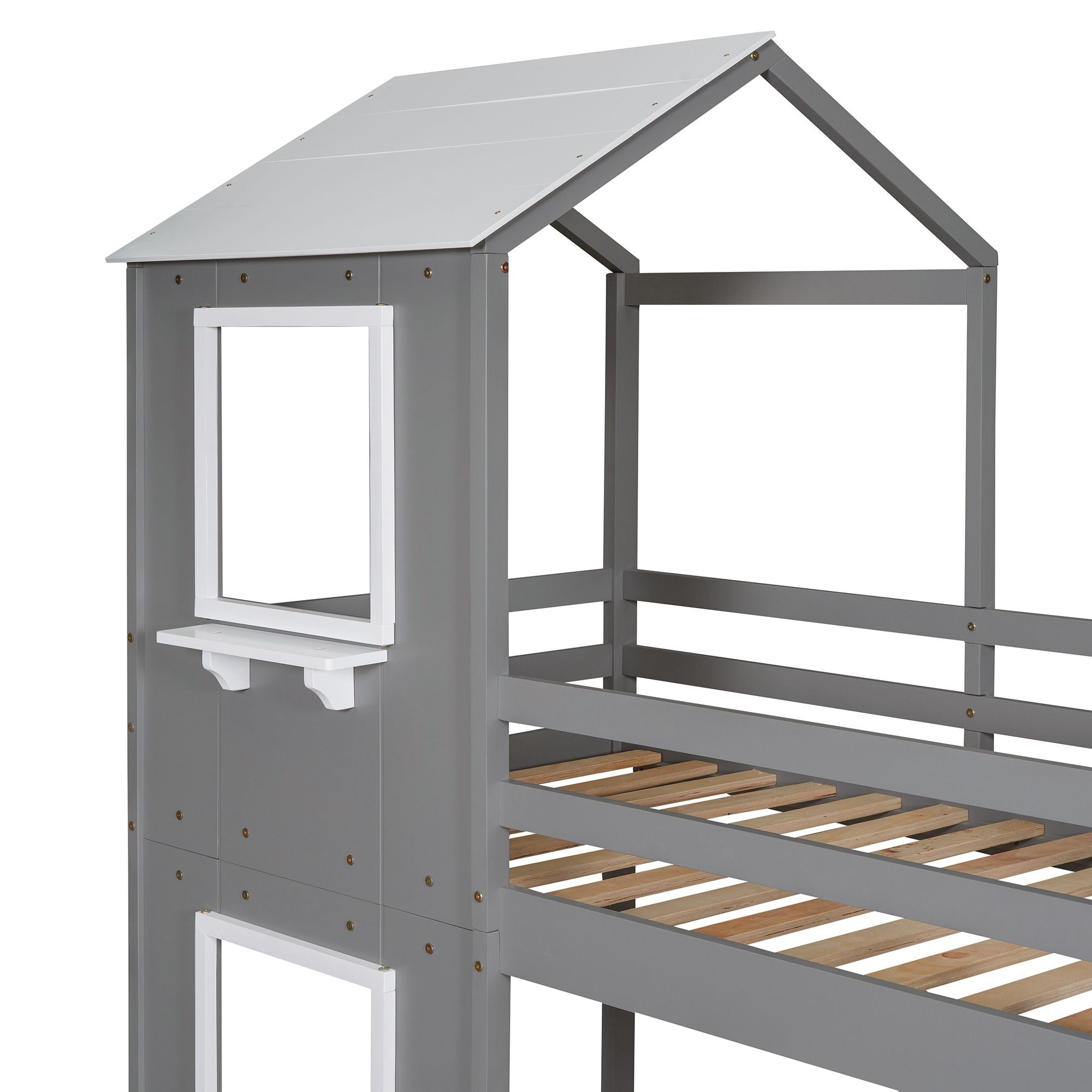 Twin Over Twin Wood Bunk Bed with Roof Playhouse, Window, Guardrails, Ladder in Grey+White | Just Better Bunk Beds