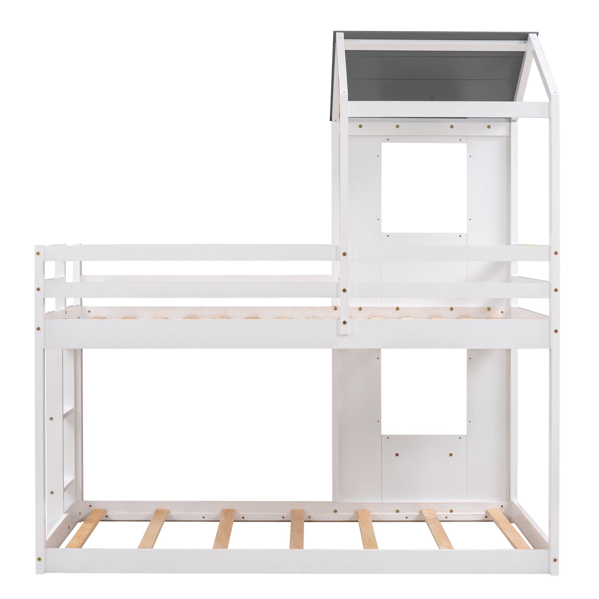 Twin Over Twin Wood Bunk Bed with Roof Playhouse, Window, Guardrails, Ladder in Grey+White | Just Better Bunk Beds