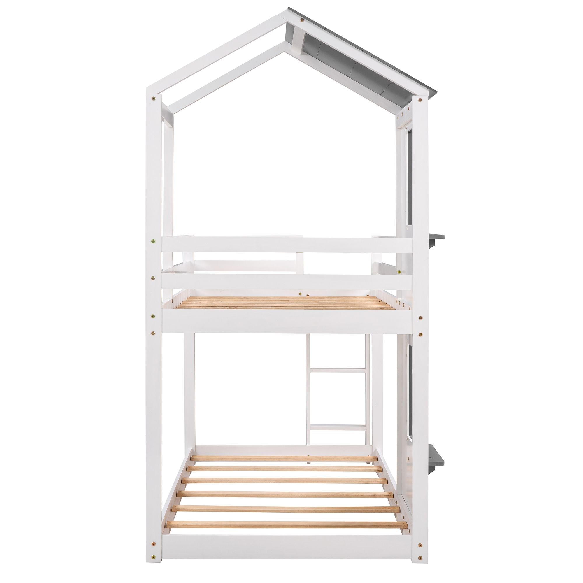 Twin Over Twin Wood Bunk Bed with Roof Playhouse, Window, Guardrails, Ladder in Grey+White | Just Better Bunk Beds