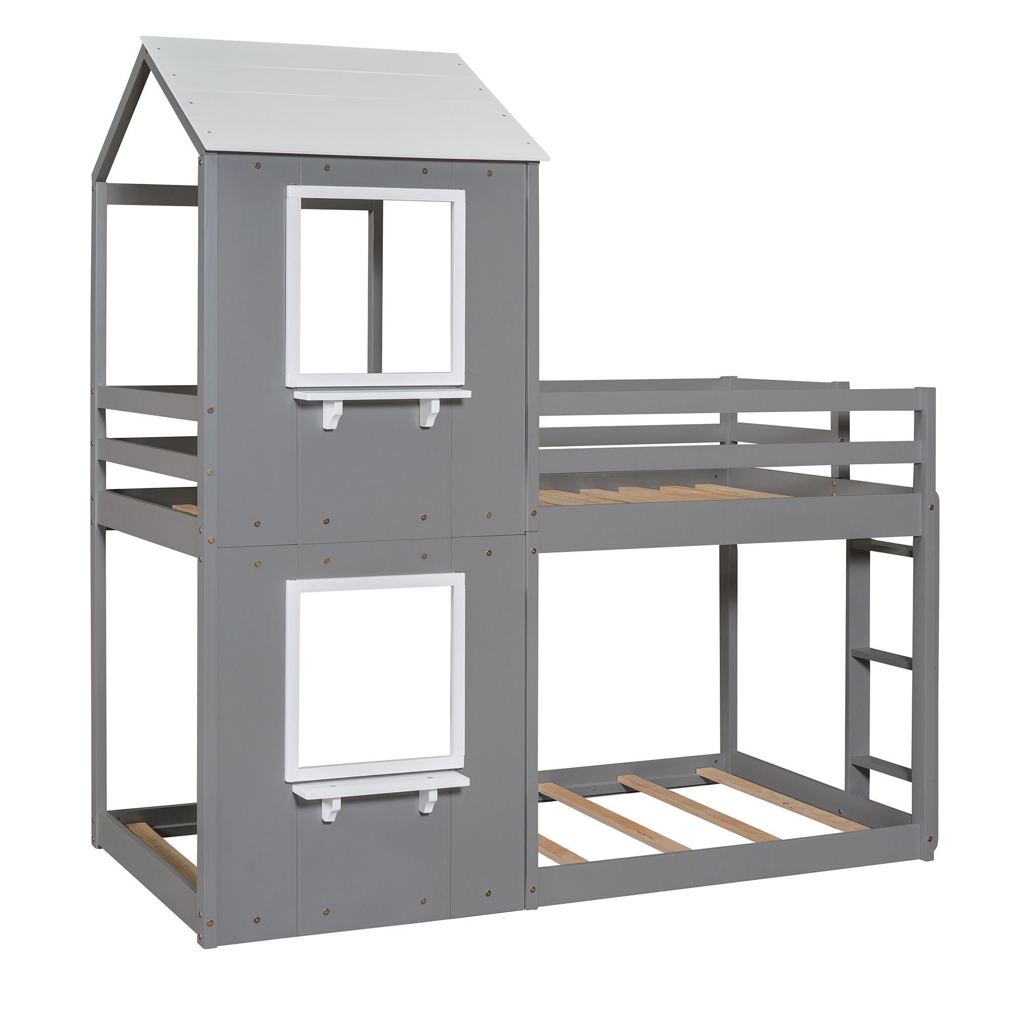 Twin Over Twin Wood Bunk Bed with Roof Playhouse, Window, Guardrails, Ladder in Grey+White | Just Better Bunk Beds
