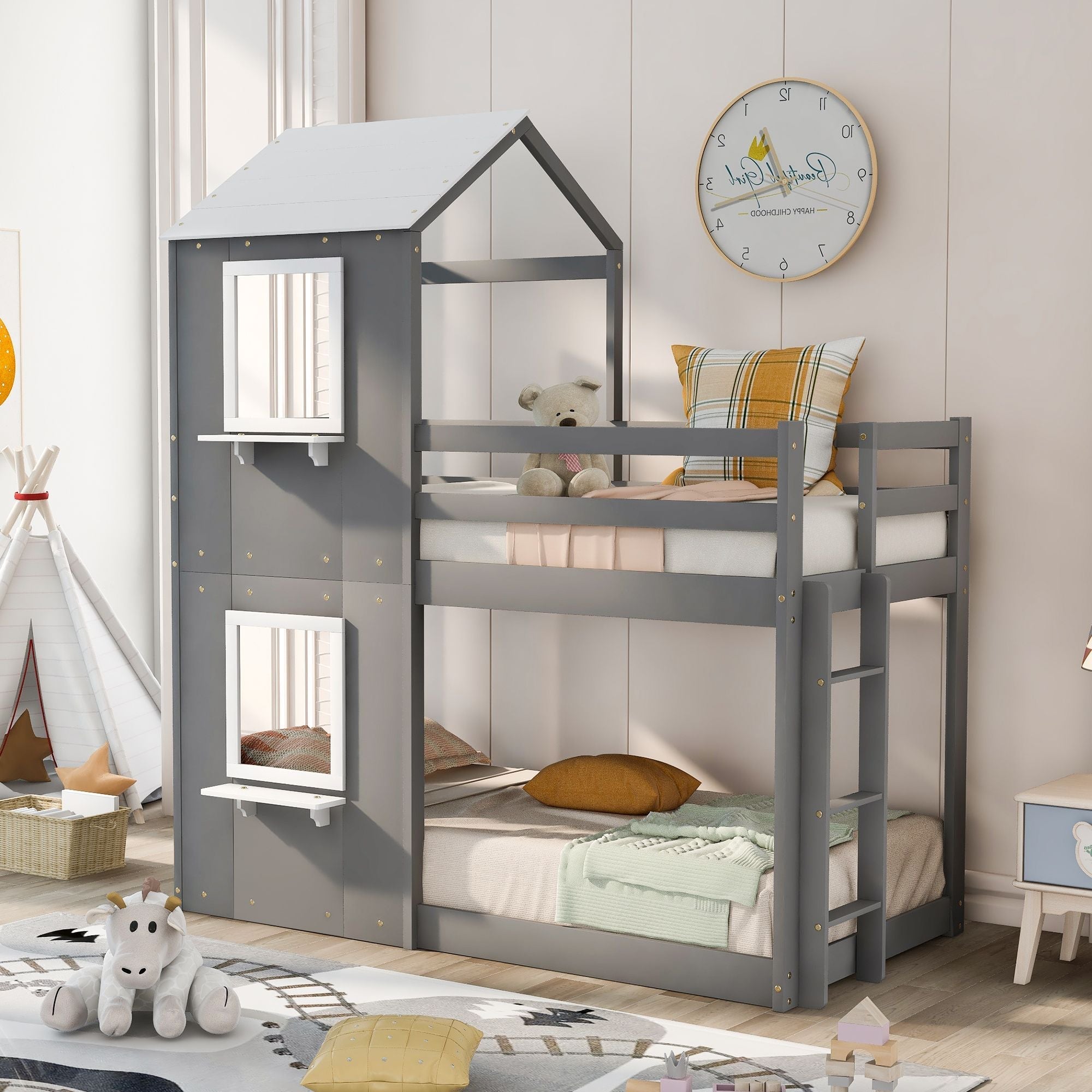 Twin Over Twin Wood Bunk Bed with Roof Playhouse, Window, Guardrails, Ladder in Grey+White | Just Better Bunk Beds