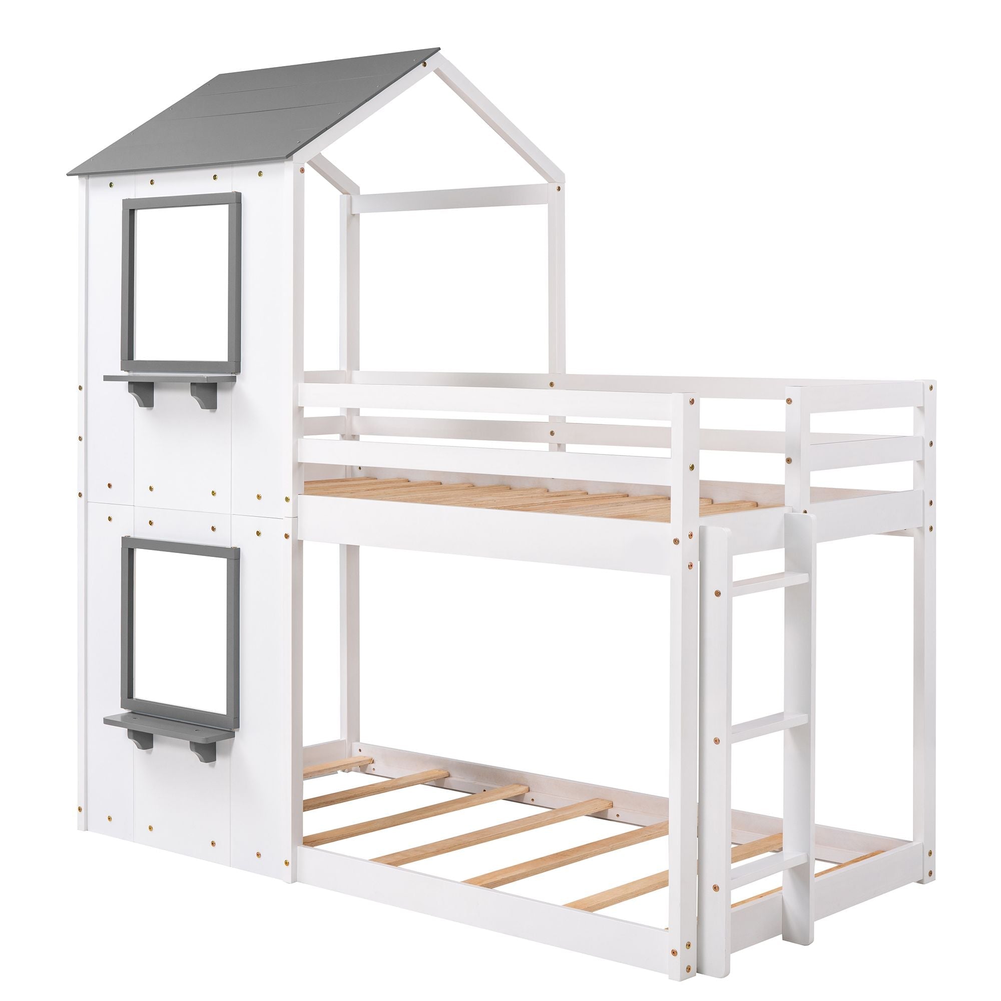 Twin Over Twin Wood Bunk Bed with Roof Playhouse, Window, Guardrails, Ladder in Grey+White | Just Better Bunk Beds
