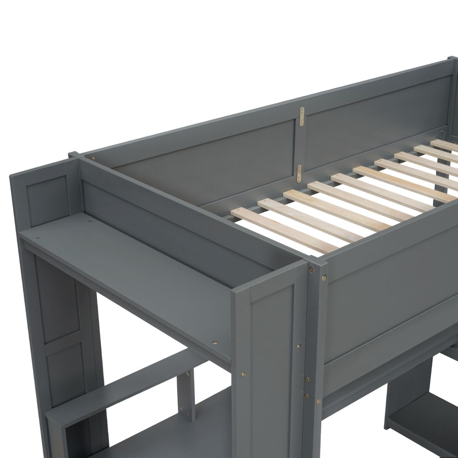 Twin Wood Loft Bed with Desk, Storage Shelves, LED Lighting, Dark Gray | Just Better Bunk Beds