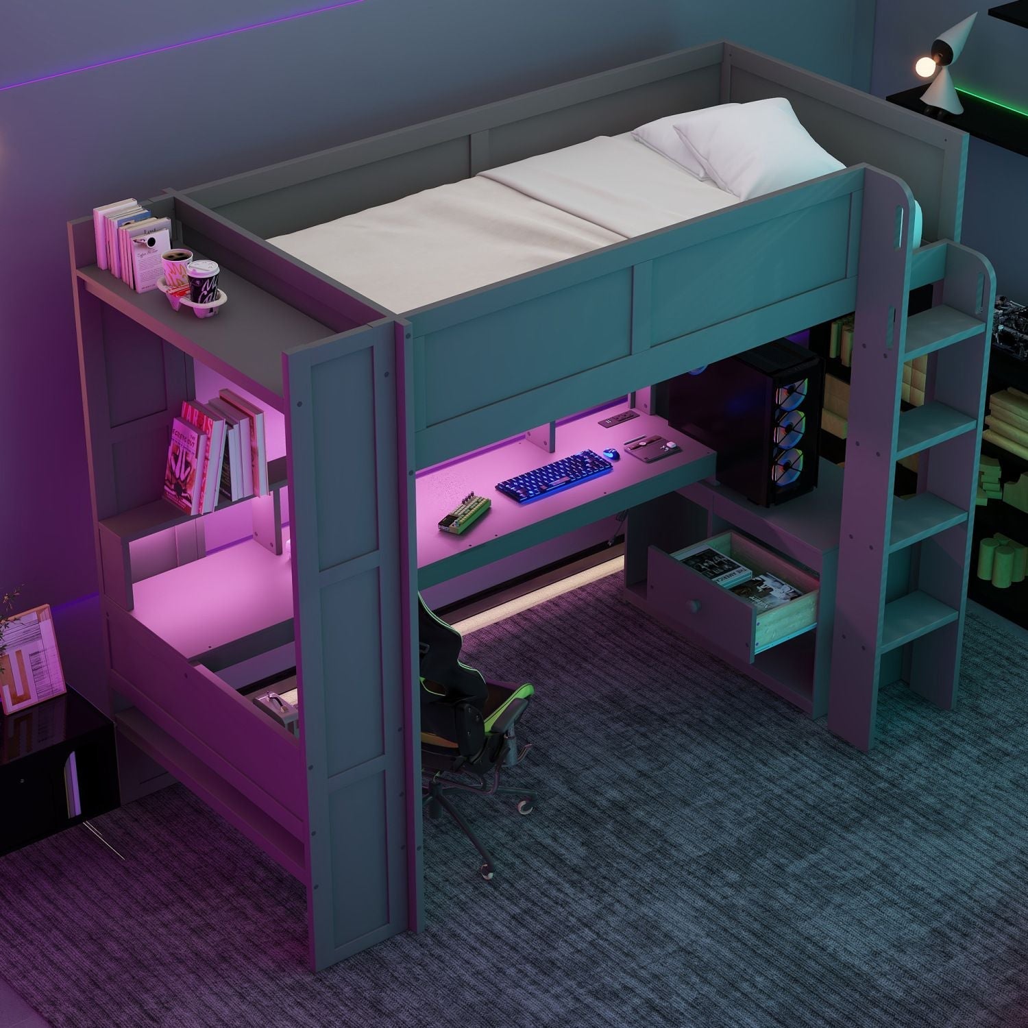 Twin Wood Loft Bed with Desk, Storage Shelves, LED Lighting, Dark Gray | Just Better Bunk Beds