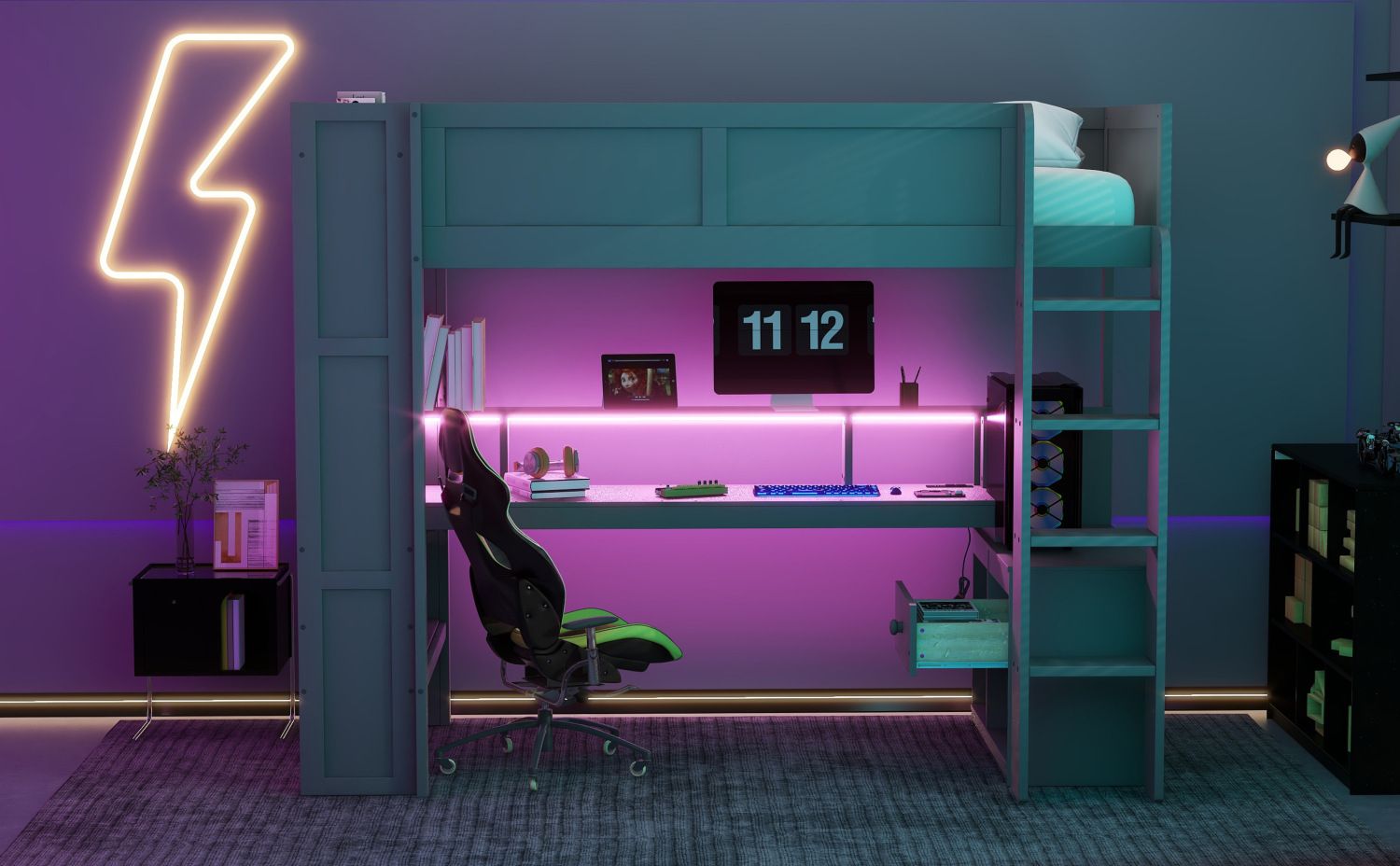 Twin Wood Loft Bed with Desk, Storage Shelves, LED Lighting, Dark Gray | Just Better Bunk Beds