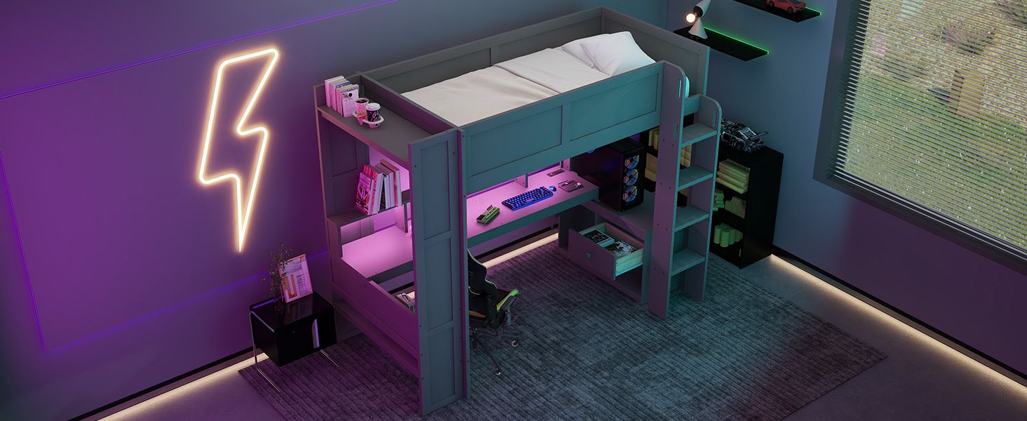 Twin Wood Loft Bed with Desk, Storage Shelves, LED Lighting, Dark Gray | Just Better Bunk Beds