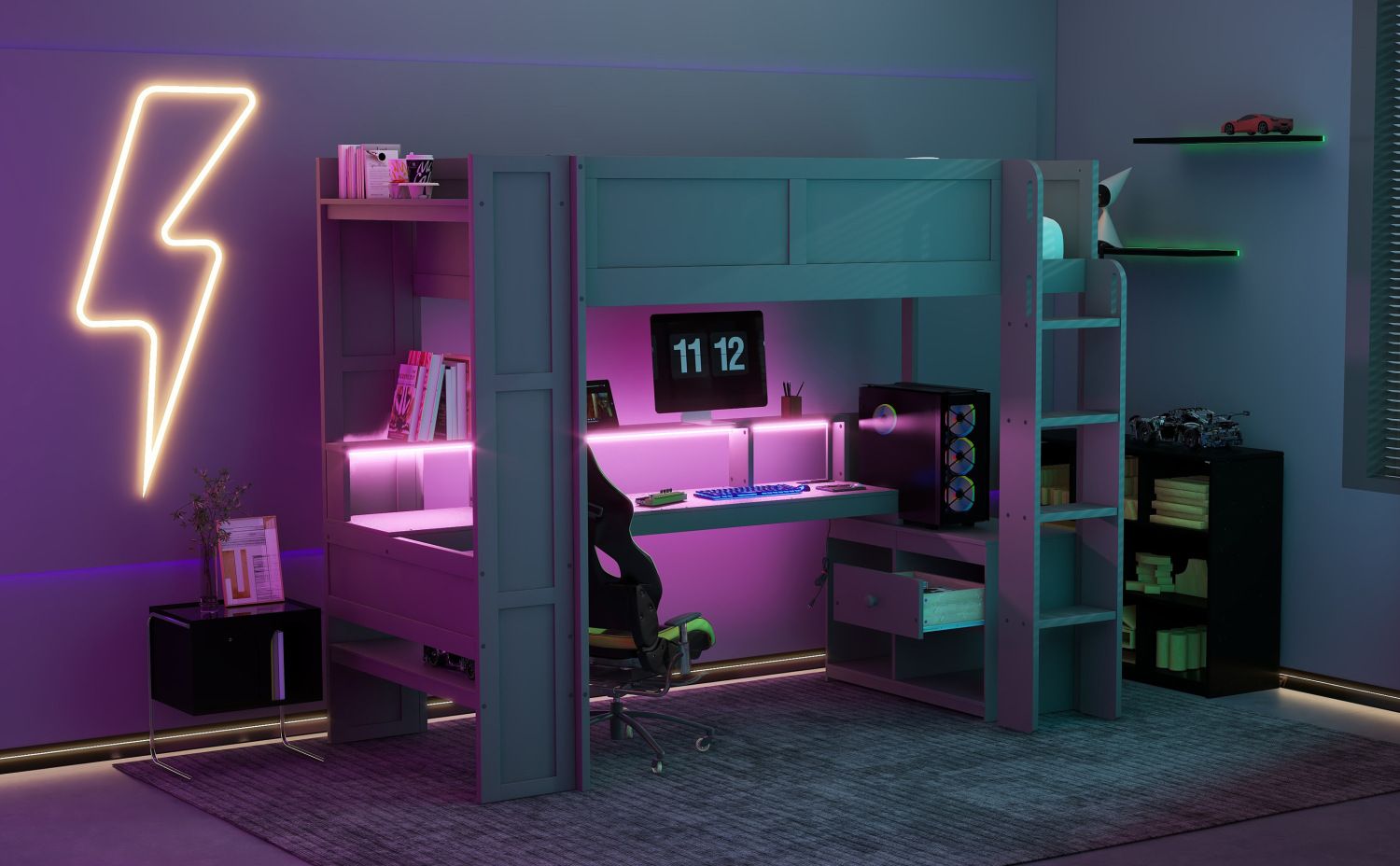 Twin Wood Loft Bed with Desk, Storage Shelves, LED Lighting, Dark Gray | Just Better Bunk Beds