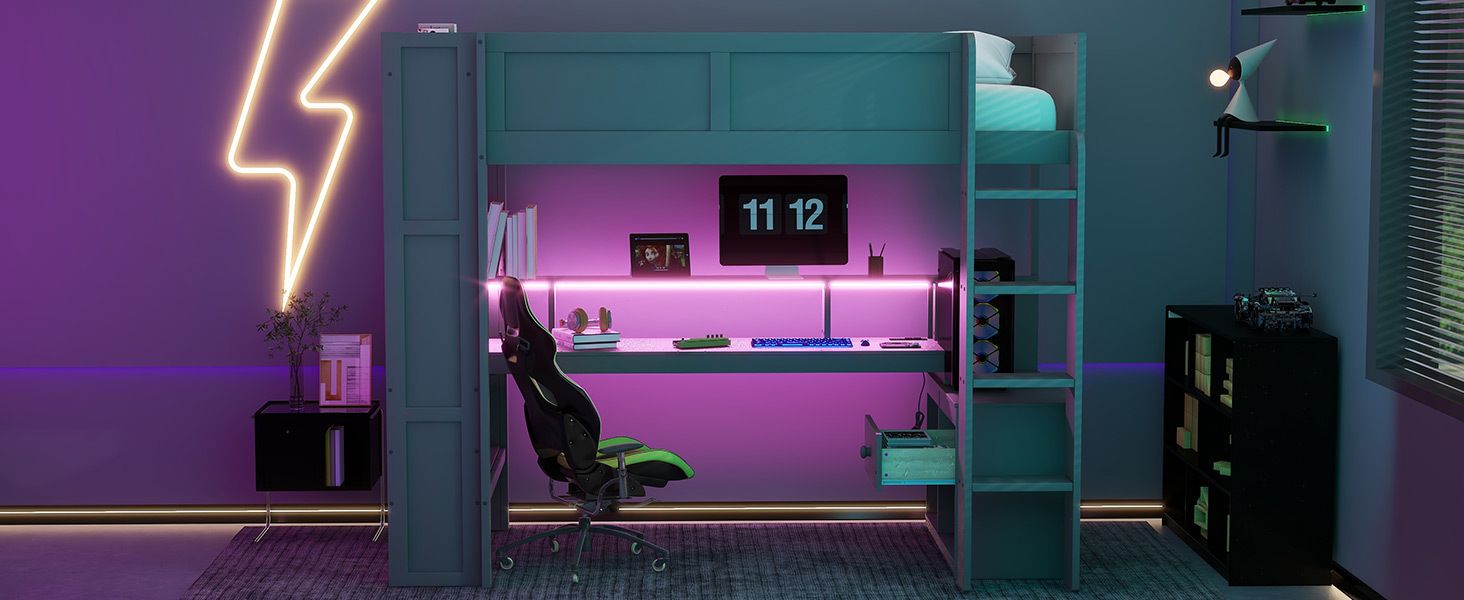 Twin Wood Loft Bed with Desk, Storage Shelves, LED Lighting, Dark Gray | Just Better Bunk Beds
