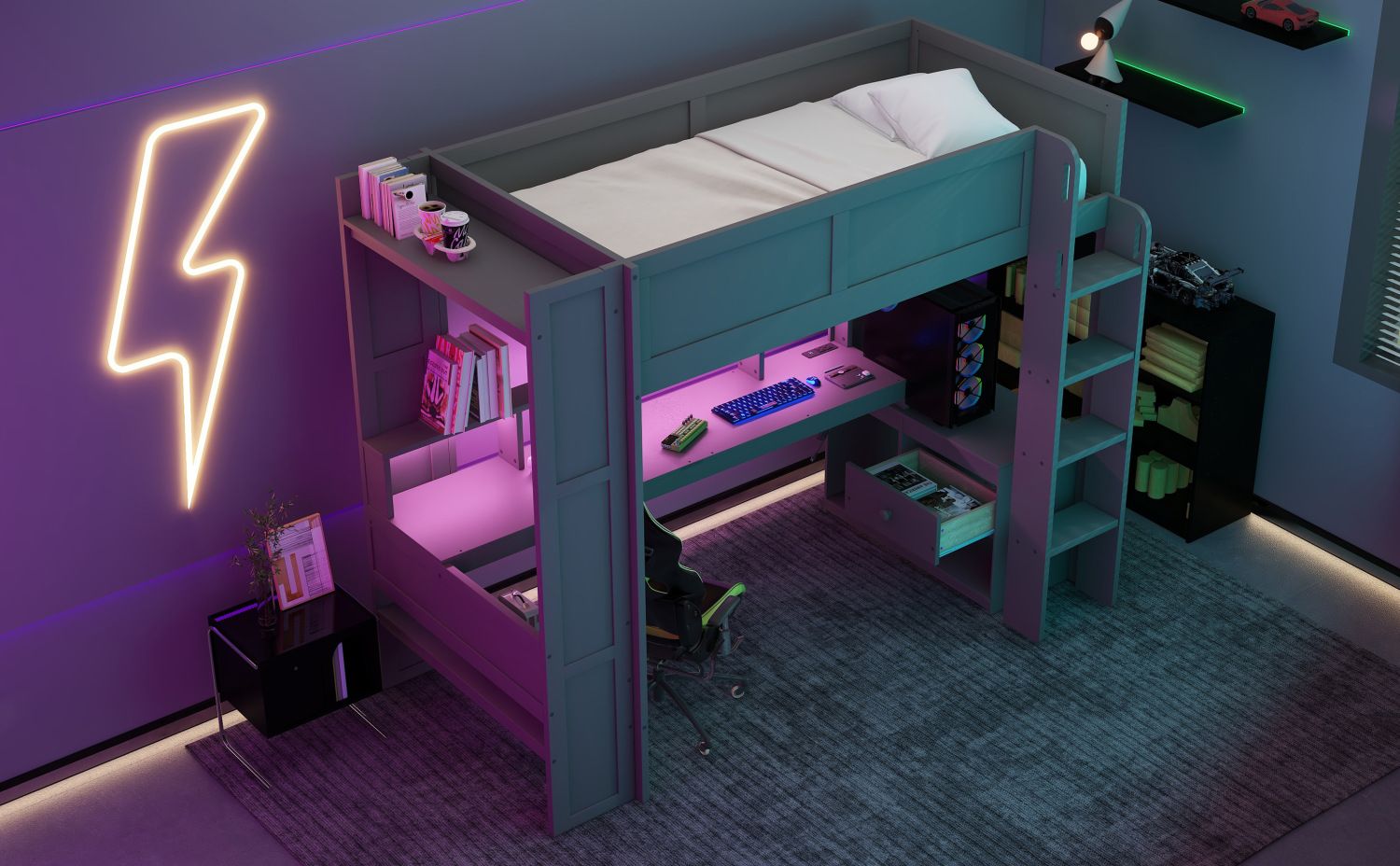 Twin Wood Loft Bed with Desk, Storage Shelves, LED Lighting, Dark Gray | Just Better Bunk Beds